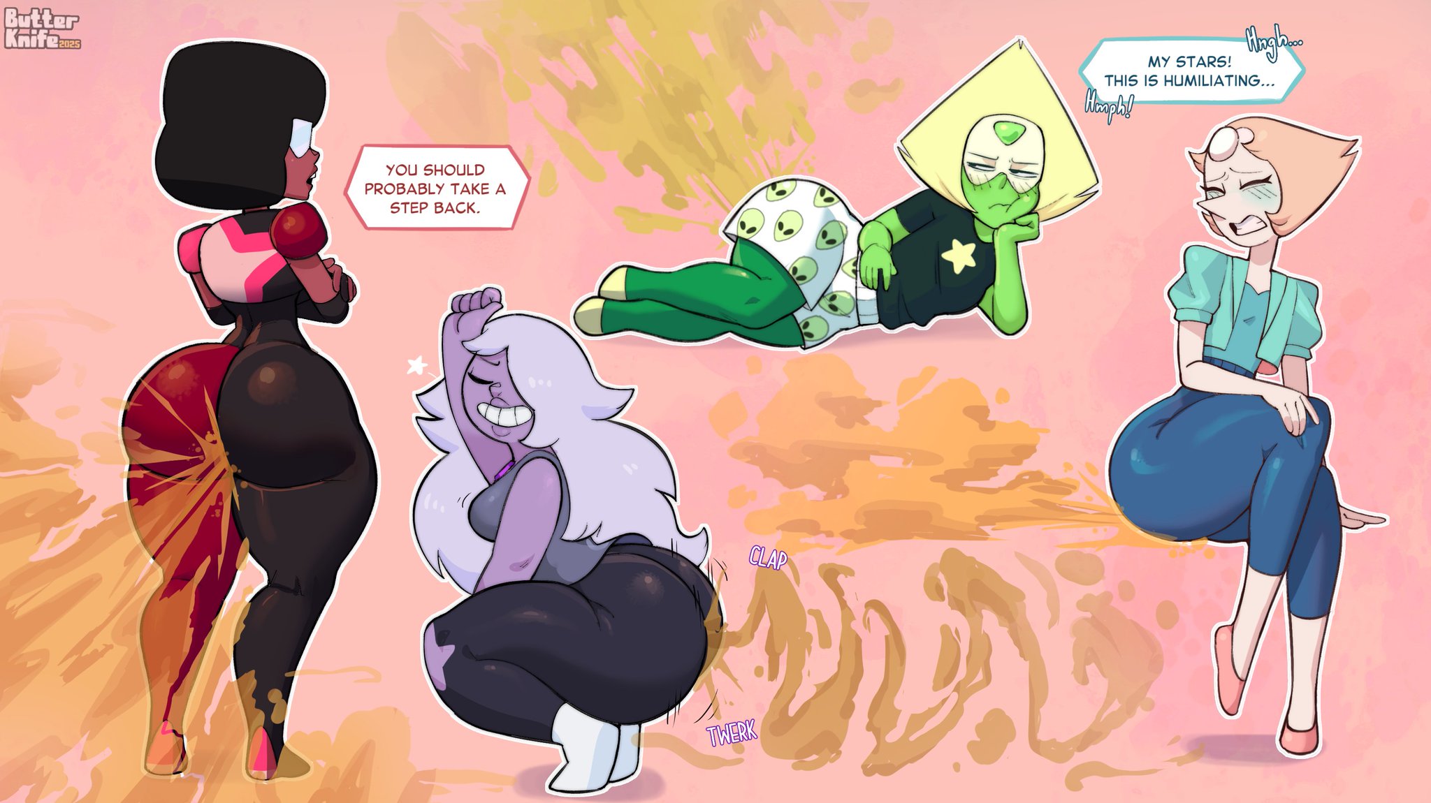 4girls, amethyst (steven universe), ass, big ass, bubble butt, butterknife742, cartoon network, fart, fart cloud, fart fetish, farting, farting while twerking, female, female only, garnet (steven universe), gem (species), gem fusion, huge ass, no pants, pearl (steven universe), peridot (steven universe), solo, steven universe, twerk, twerking, twerking with arm raised