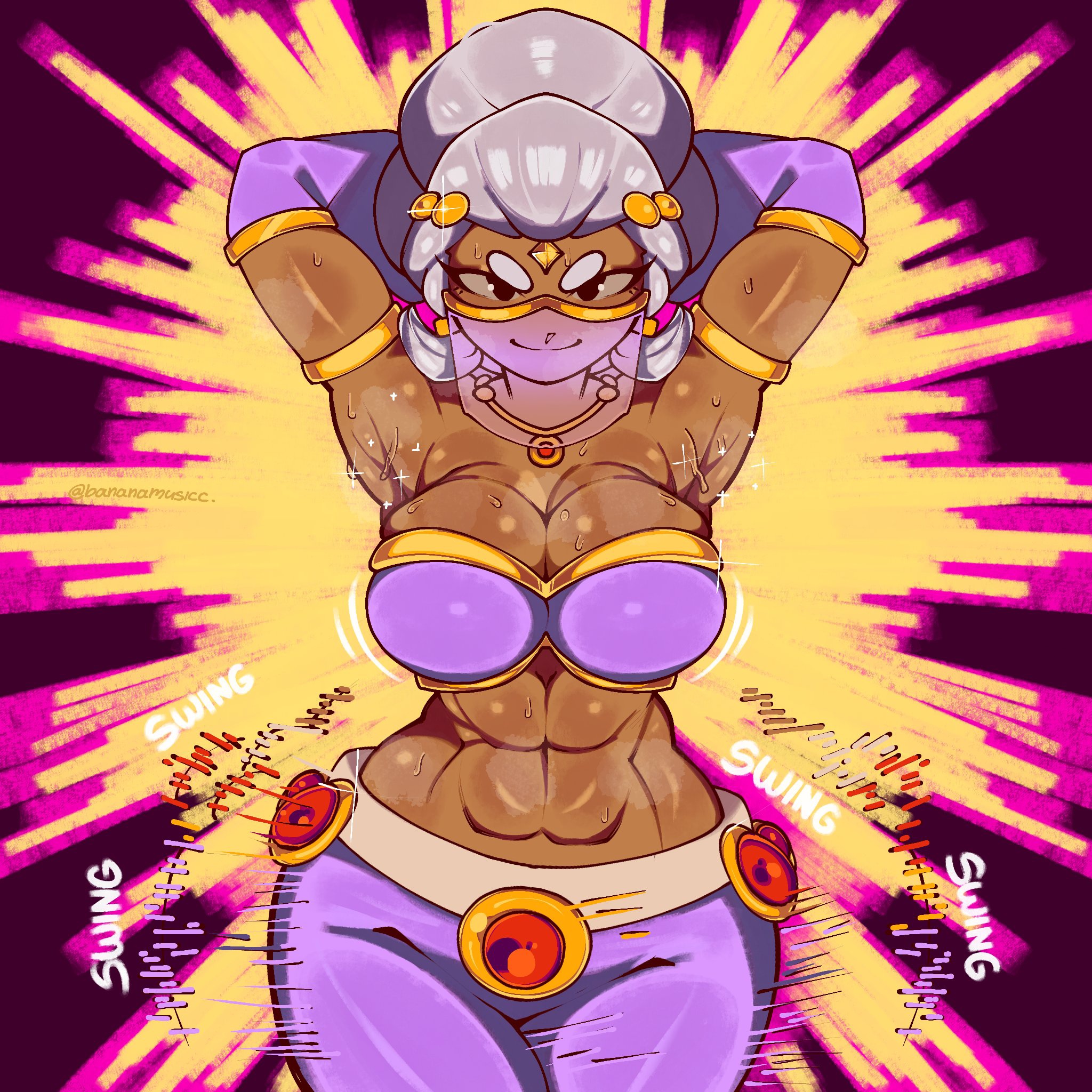 1girls, 2026, abs, armpits, arms up, bananamusicc, belly dancer, belly dancer outfit, brawl stars, breasts, cleavage, fit, fit female, hands behind head, looking at viewer, onomatopoeia, pants, shelly (brawl stars), shelly dancer (brawl stars), shelly dancer dahlia (brawl stars), smile, sparkles, swaying, swaying hips, sweat, sweating, tagme, tan body, thick thighs, tied hair, tight clothing, voluptuous, white hair, wide hips