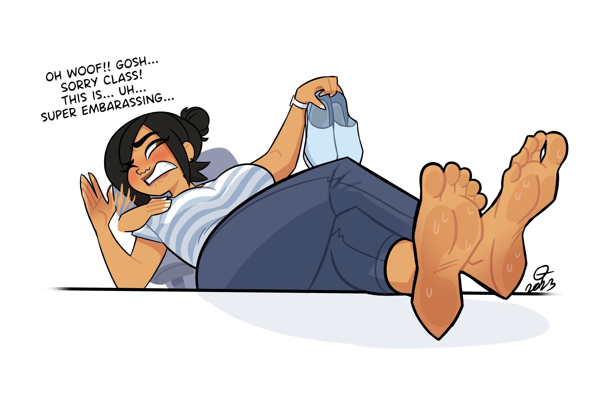 alternate version available, big breasts, blush, breasts, fanning, feet up, female, female only, foot fetish, footwear, footwear removed, oddtenn, ophelia (oddten), smelly, smelly feet, sweaty, sweaty feet, teacher