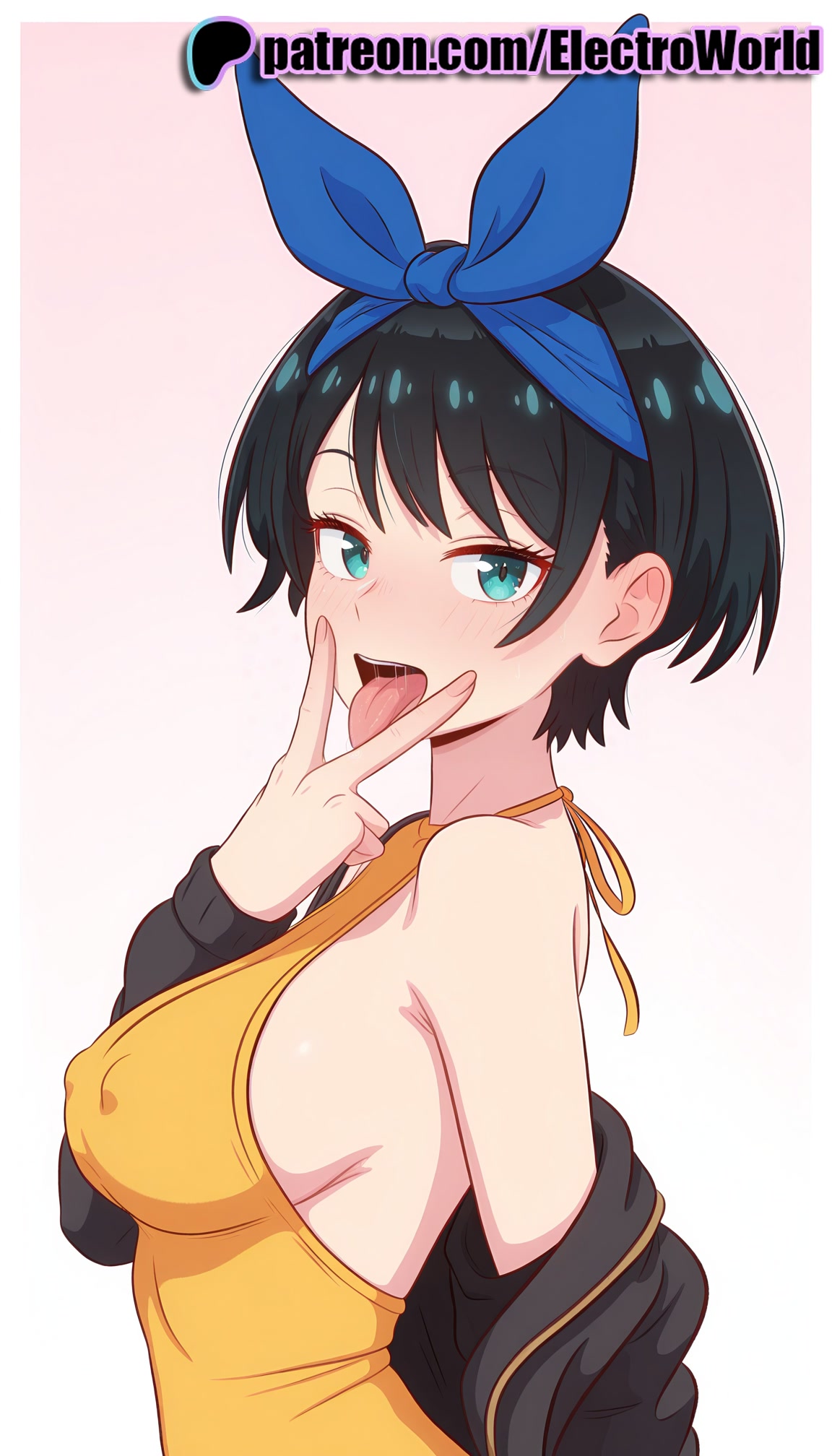 1girls, 2025, ai generated, artist name, bare shoulders, black hair, black jacket, blush, breasts, bust, chest, covered nipples, electroworld, female, gradient, gradient background, halter dress, halterneck, hi res, high quality, high resolution, highres, jacket, kanojo okarishimasu, looking at viewer, off shoulder, open mouth, patreon, patreon username, pink background, ribbon, sarashina ruka, short hair, solo, stable diffusion, tongue, tongue out, watermark
