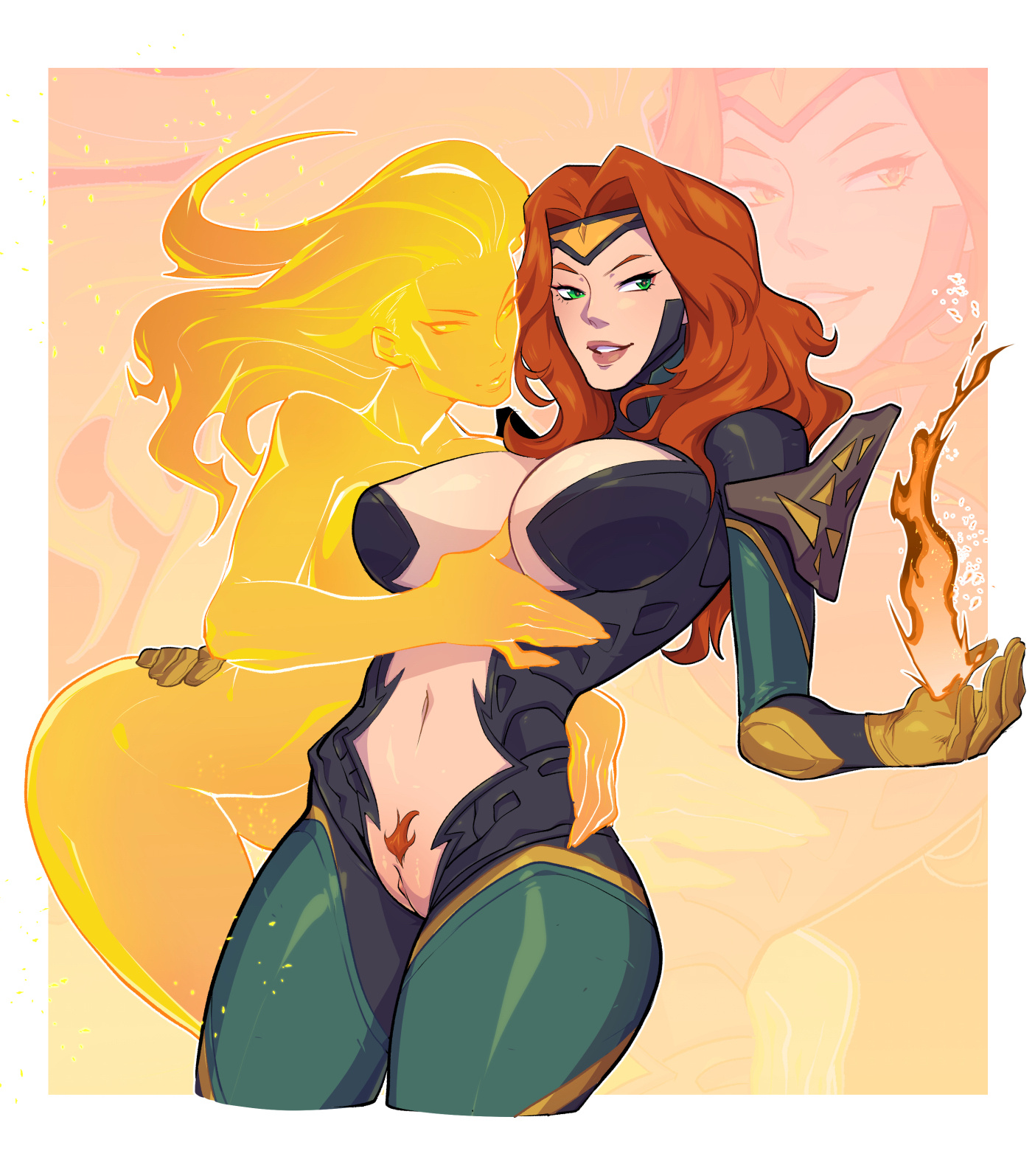 2d, 2d (artwork), 2girls, cleavage, energy, esper, female, female only, finger between breasts, green eyes, headband, interspecies, jean grey, kukumomo, long hair, looking away, marvel, marvel comics, marvel rivals, mostly clothed, no sex, phoenix (marvel rivals), phoenix (x-men), pussy, superpowers, white border, yuri