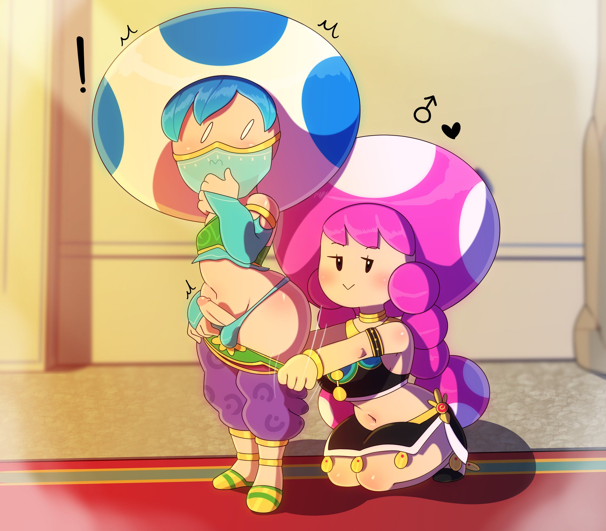 !, 1boy, 1girls, ass, assisted exposure, balls, balls in panties, blue hair, blue panties, blush, breasts, breath of the wild, carpet, clothing, cosplay, crop top, crossdressing, crossdressing male, duo, erect penis, erection, erection under clothes, female, femboy, femboy on female, floor, full body, fungi fauna, genitals, gerudo outfit, girly, heart, hetero, hi res, humanoid, humanoid on humanoid, humanoid penis, kneeling, looking at another, male, male/female, mario (series), midriff, nintendo, panties, pants, pants down, pants pull, penis, pink hair, pulling pants down, shocked, smile, smug, somescrub, standing, straight, tagme, the legend of zelda, toad (mario), toadette, underwear, video games