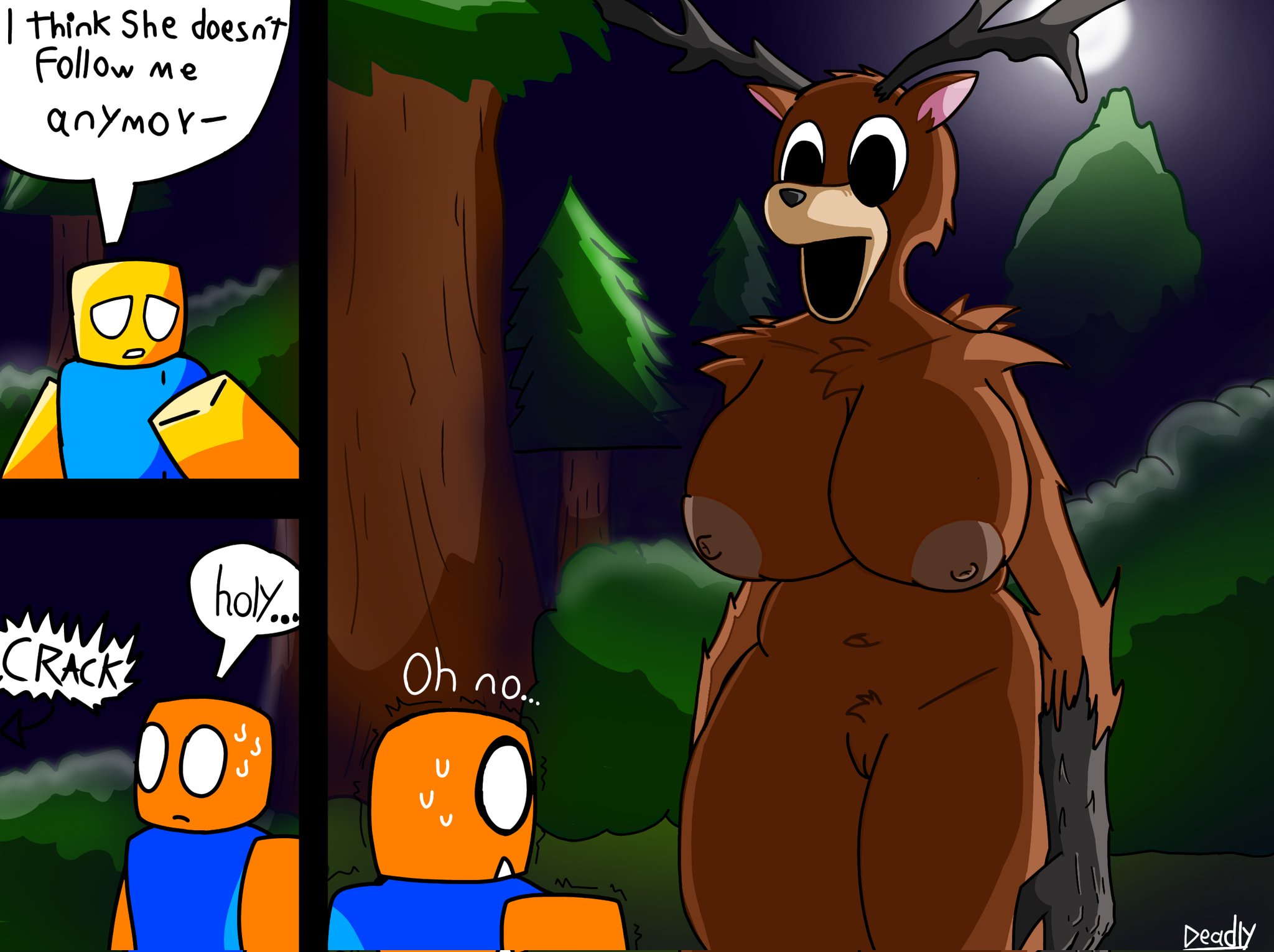 1boy, 1boy1girl, 1girls, 2025, 2d, 2d (artwork), 2d artwork, 99 nights in the forest, animal, animal ears, animal humanoid, anthro, anthrofied, artist name, belly, belly button, big breasts, black eyes, black mouth, black nose, blocky body, blue skirt, breasts, breasts bigger than head, brown body, brown fur, bush, bushes, color, colored, comic, comic page, deer, deer (99 nights in the forest), deer ears, deer girl, deer horns, deer humanoid, deer nose, dialogue, dialogue bubble, english text, eyes, female, forest, fur, furry, furry female, genderswap (mtf), horn, horns, light skin, light-skinned female, light-skinned male, male, male/female, monster, monster girl, moon, moonlight, mouth, movement lines, night, night sky, nipple, nipples, noob, noob (roblox), nose, open mouth, pubic hair, pussy, roblox, roblox game, robloxian, rule 63, size difference, sweat, sweating, sweaty head, tapiathiag52803, text, text bubble, thick, thick breasts, thick legs, thick thighs, tree, trees, tremble lines, trembling, trembling lines, vagina, video game, video game character, video games, yellow body