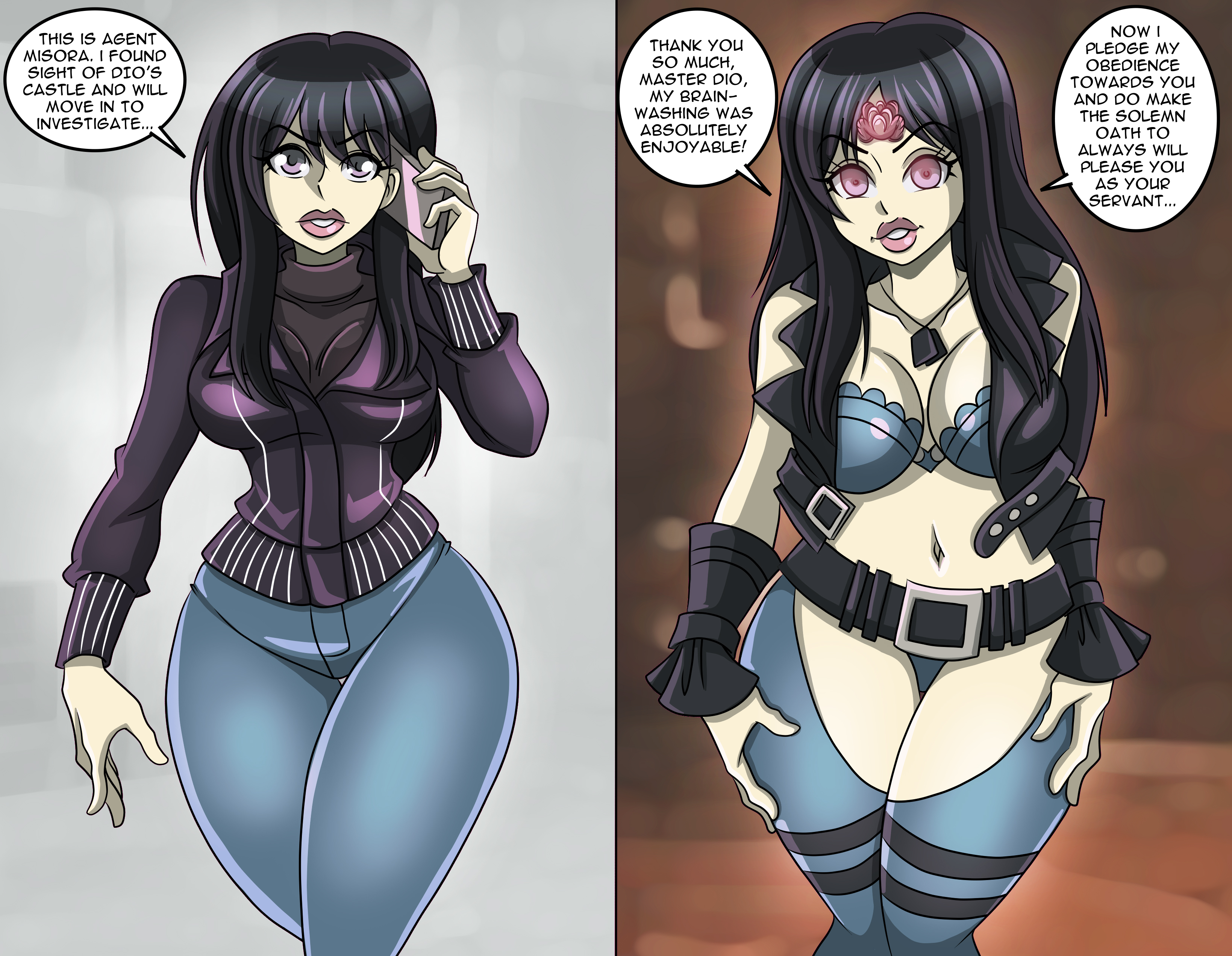 absurdres, before and after, big breasts, black hair, brainwashed, brainwashing, breasts, bubble butt, cleavage, crossover, death note, dio brando, female, female only, femsub, fit, fit female, flesh bud, glowing, glowing eyes, happy trance, huge breasts, hypnosis, infected, infestation, infested, infested brain, jeans, jojo's bizarre adventure, large breasts, large lips, long hair, milf, mind break, mind control, muscular, naomi misora, parasite, parasitic infestation, parasitic possession, possessed, possession, smile, standing, symbol in eyes, text, wide hips, zorro-zero