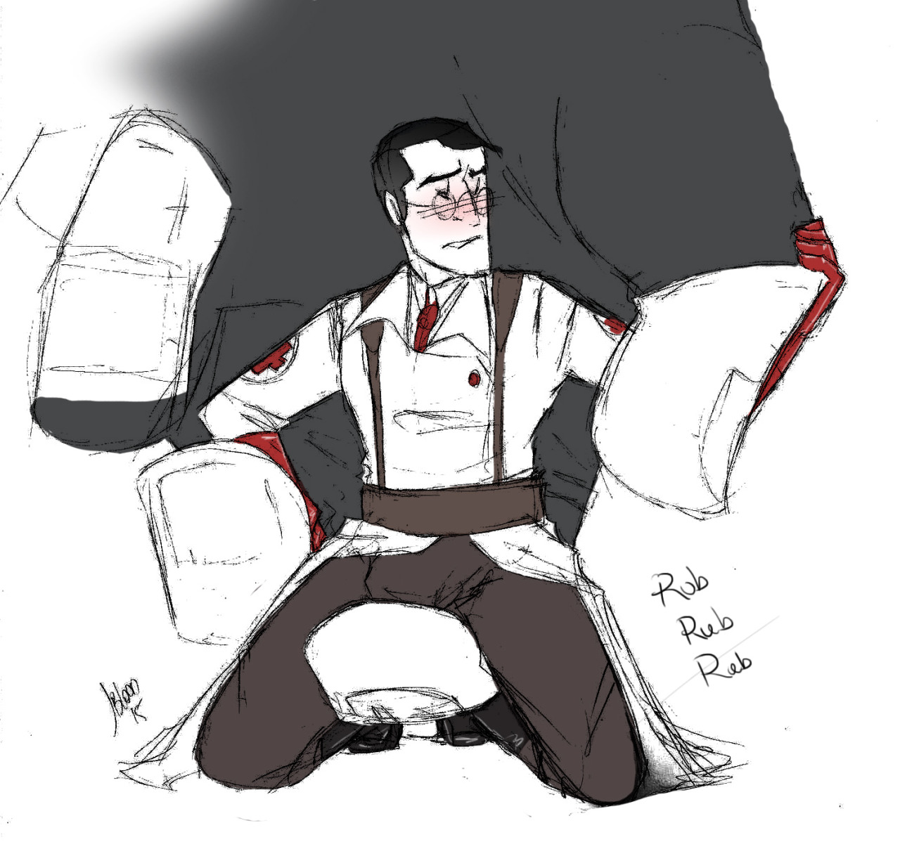 biting own lip, blushing profusely, bulge through clothing, closed eyes, erection under clothes, gay, handjob over clothes, handjob through clothing, heavy (team fortress 2), heavy weapons guy, humping hand, jealousyblood, looking pleasured, male, male only, medic (team fortress 2), micro, micro/macro, offscreen character, offscreen male, penis, rubbing penis, rubbing through pants, team fortress 2, through clothes, yaoi