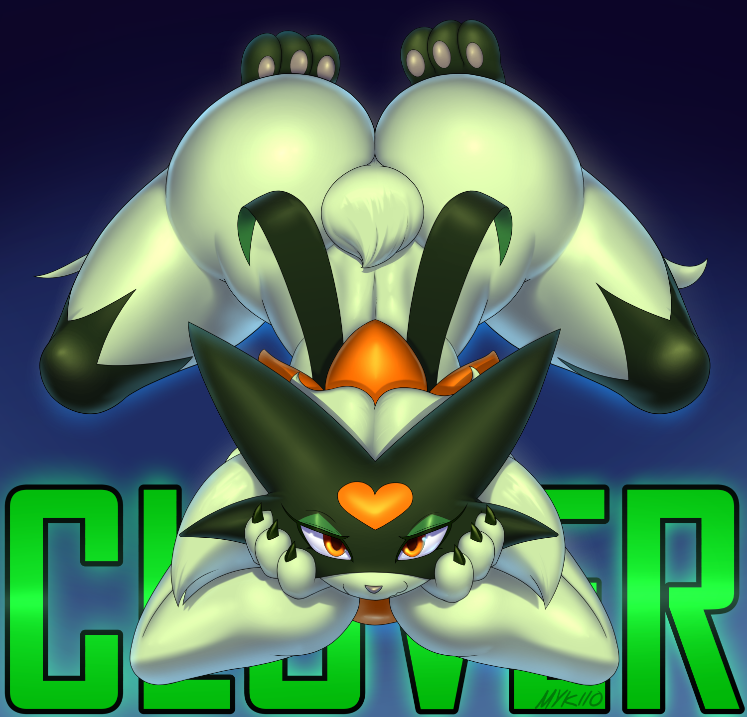 2025, 3 fingers, anthro, artist name, ass, big butt, blue background, closed smile, clover (mykiio), english text, felid, feline, female, fingers, fur, generation 9 pokemon, gradient background, green body, green fur, green text, heart (marking), hi res, looking at viewer, mammal, markings, meowscarada, mouth closed, multicolored body, mykiio, narrowed eyes, nintendo, nude, nude anthro, nude female, orange body, orange eyes, orange markings, pawpads, paws, pokemon, pokemon (species), short tail, simple background, smile, solo, tail, text