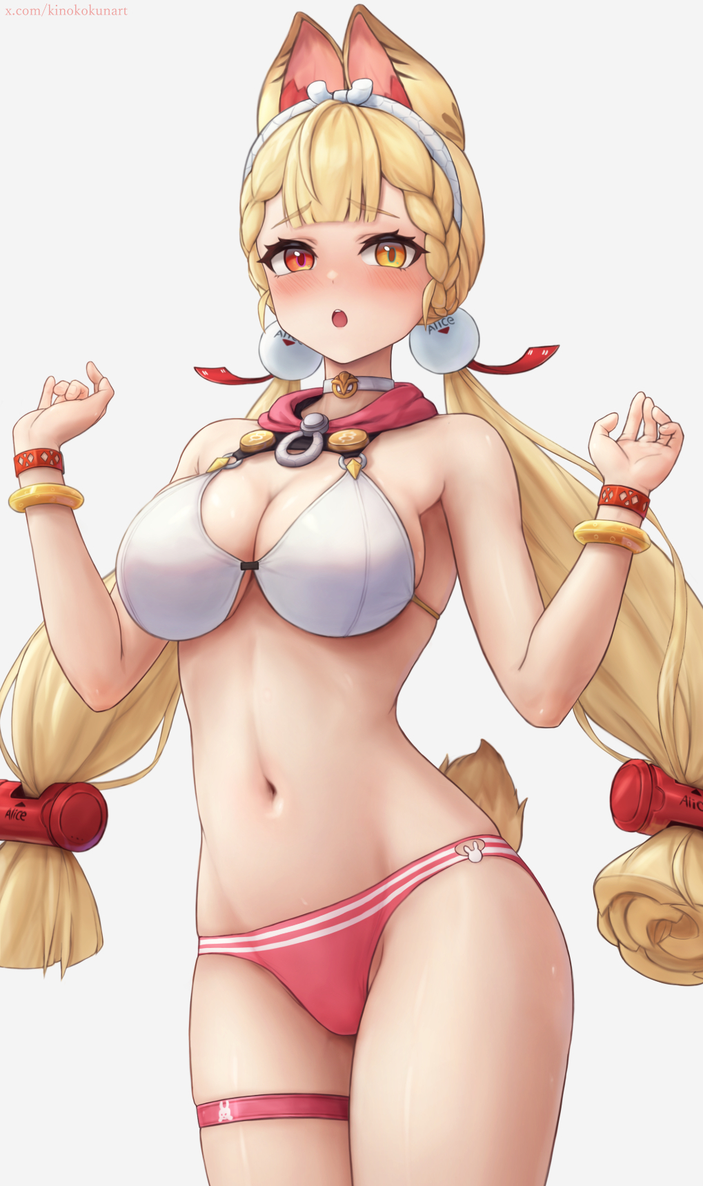 1girls, adapted costume, alice thymefield, alice thymefield (sea of thyme), animal ears, bikini, blonde hair, blush, bracelet, breasts, choker, cleavage, commentary request, female, female only, groin, hair ornament, hairband, hand up, heterochromia, highres, jewelry, kinoko kun, large breasts, long hair, looking at viewer, low twintails, mismatched bikini, navel, official alternate costume, open mouth, paid reward available, pink bikini, rabbit ears, rabbit girl, rabbit tail, red eyes, simple background, solo, sphere hair ornament, standing, stomach, swimsuit, tail, thigh strap, twintails, watch, white background, white bikini, white choker, white hairband, wristwatch, yellow eyes, zenless zone zero