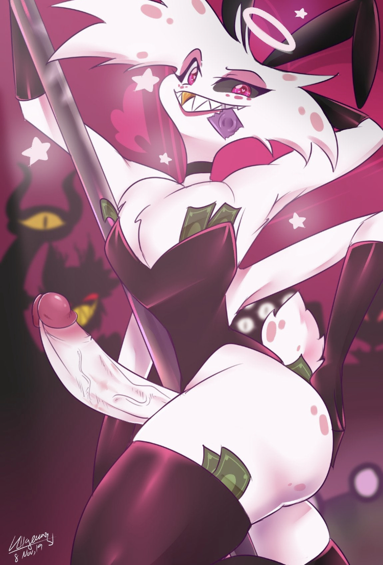 1boy, alastor (hazbin hotel), angel dust (hazbin hotel), anthro, arachnid humanoid, ass, big ass, big butt, condom, femboy, hazbin hotel, lipstick, male, male only, pole dancing, public, spindlehorse toons, tagme, vivienne medrano, vivziepop