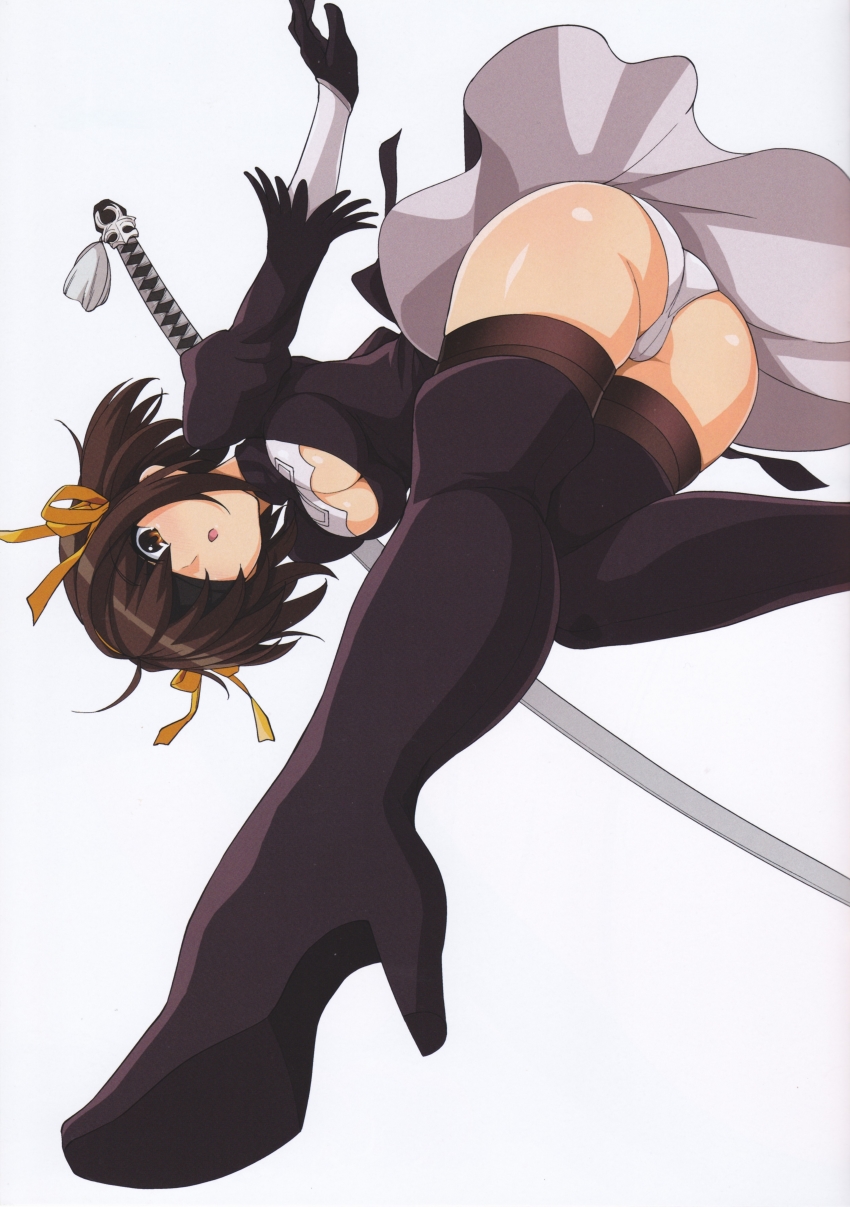 1girls alternate_costume ass breasts brown_hair cosplay haruhisky impossible_clothes leotard nier:_automata panties revealing_clothes short_hair small_breasts solo suzumiya_haruhi suzumiya_haruhi_no_yuuutsu sword underwear weapon yorha_2b