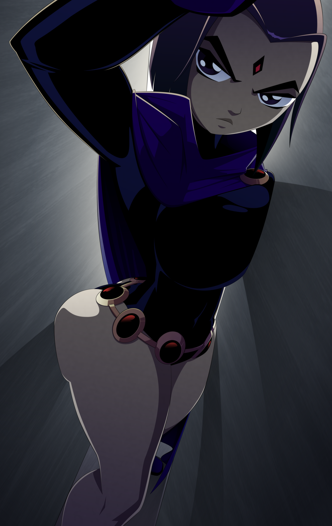 1girls, 2019, angry, arm up, ass, big ass, big breasts, breast squeeze, breasts, clothed, dc, dc comics, female, forehead jewel, grey skin, large ass, large breasts, leotard, light skin, light-skinned female, looking at viewer, navel, pale skin, pale-skinned female, purple eyes, purple hair, rachel roth, raven (dc), ravenravenraven, solo, solo female, straight hair, teen titans, thick thighs
