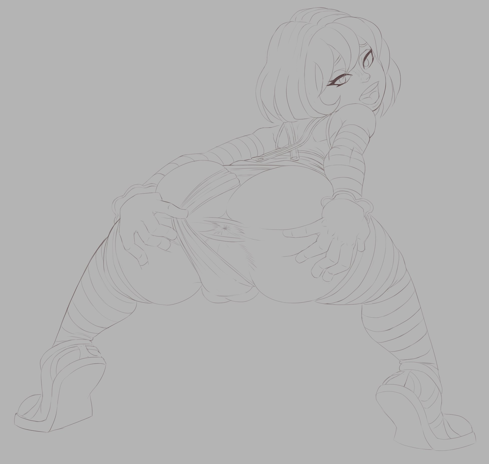 androgynous, ass, ass crack, ass grab, back view, bare shoulders, bent over, big ass, big butt, bimbo, black and white, butt crack, child's play, chucky, clothing, detached sleeves, doll, eyelashes, footwear, genderswap, humanoid, legwear, looking at viewer, looking back, mutantproject, open mouth, overalls, pose, posing, rule 63, shoes, short hair, simple background, sketch, solo, spread anus, spread legs, spreading, standing, stockings