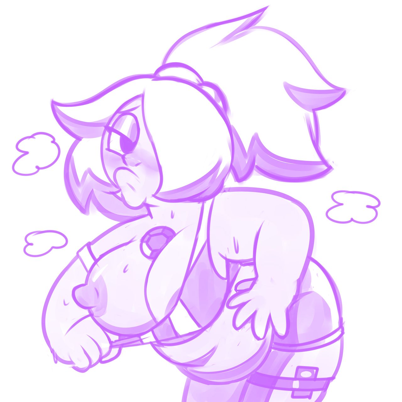 5 fingers, amethyst (steven universe), areolae, belly, big belly, big breasts, big nipples, blush, breasts, cartoon network, chubby, color, eyebrows, female, female only, front view, gem, gem (species), half-closed eyes, highres, large breasts, monochrome, nipples, overweight, overweight female, plump, plump lips, ponytail, shorts, solo, solo female, steven universe, superspoe, sweat, thighs