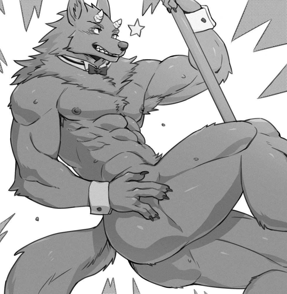 abs ass bathym bow_tie canid canine canis dancing demon horn male male_only mammal muscular muscular_male nipples nude pecs pole pole_dancing stripper stripper_pole sunspotfish tokyo_afterschool_summoners video_games wolf