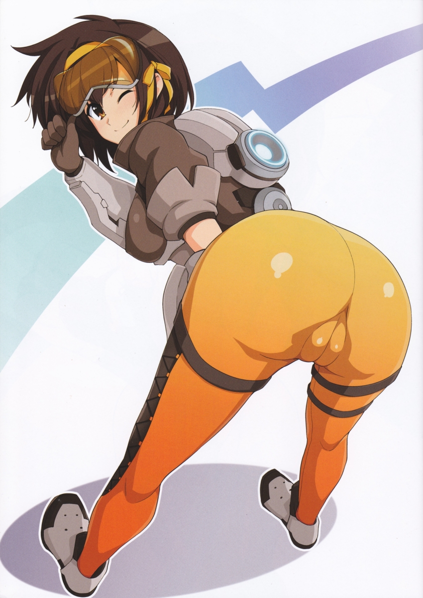 1girls alternate_costume ass bent_over big_ass bodysuit brown_eyes brown_hair cameltoe chronal_accelerator cosplay female female_only full_body glasses harness haruhisky human impossible_clothes looking_at_viewer looking_back nipples overwatch overwatch_2 pussy short_hair smile solo standing suzumiya_haruhi suzumiya_haruhi_no_yuuutsu tracer tracer_(cosplay)