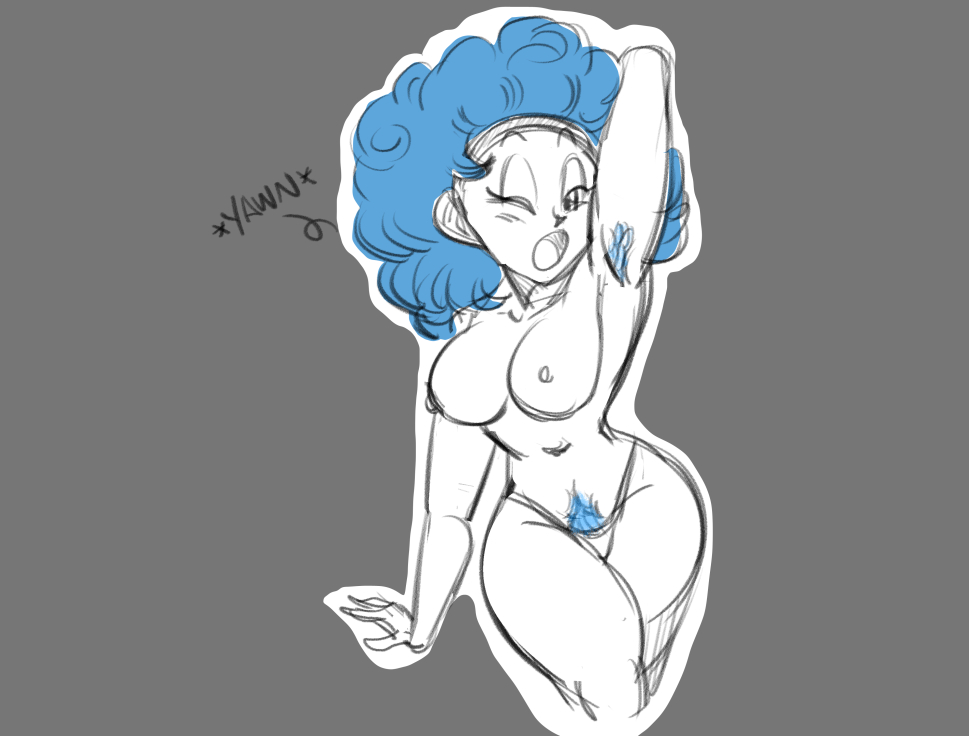 1girls, afro, armpit hair, blue eyes, blue hair, blue pubic hair, breasts, bulma (afro), bulma briefs, colored armpit hair, colored pubic hair, dragon ball, dragon ball z, female, female armpit hair, female only, funsexydragonball, naked, nude, panties, pubic hair, sleepy, solo, yawn