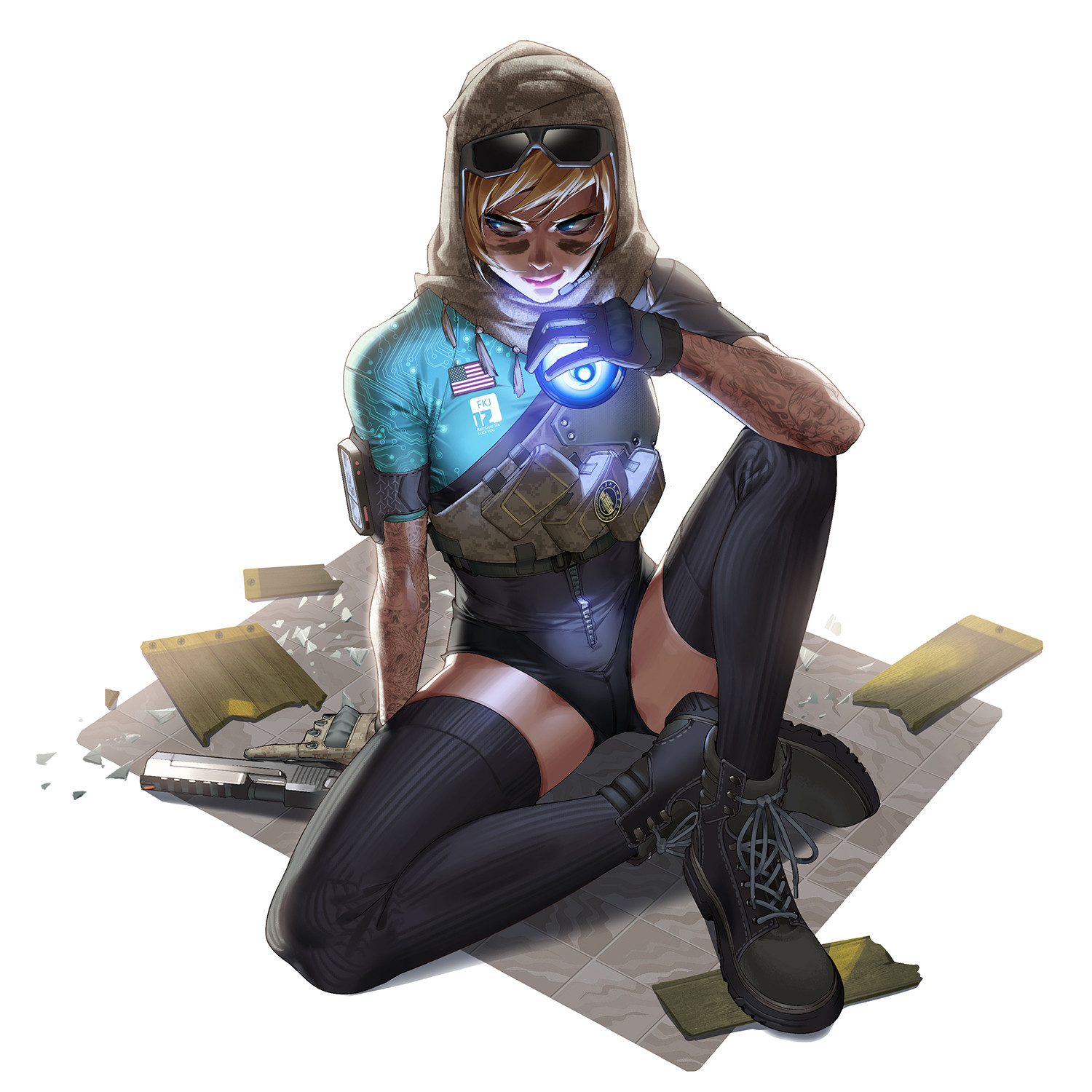 1girls, blonde, blonde hair, eyewear on head, female, female only, gun, no artist, rainbow six, rainbow six siege, shades, solo, solo female, spread legs, sunglasses on head, tattoo, tattoo sleeve, tattoos, thighhighs, tom clancy, valkyrie (rainbow six)