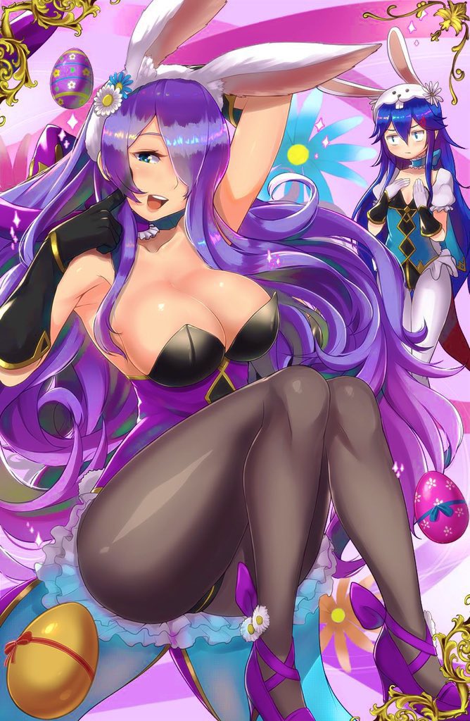 2girls, big breasts, black gloves, blue hair, breasts, bunny ears, bunny girl, bunnysuit, camilla (fire emblem), easter, egg, envy, female, fire emblem, fire emblem awakening, fire emblem fates, fire emblem heroes, gloves, jealous, legwear, long hair, lucina (fire emblem), magister (bigbakunyuu), multiple females, multiple girls, purple hair
