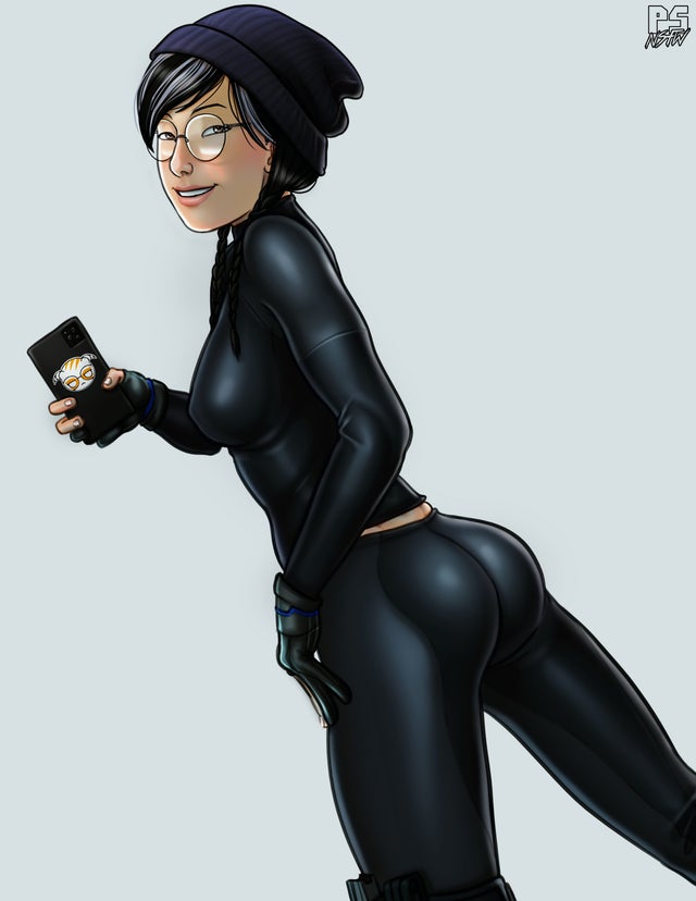 1girls, asian, ass, athletic, athletic female, beanie, black clothing, black latex, blush, breasts, bubble ass, bubble butt, cellphone, clothing, dokkaebi (rainbow six), female, female only, glasses, gloves, jacket, latex, latex clothing, latex jacket, latex pants, medium breasts, pants, png, pumpkinsinclair, rainbow six, rainbow six siege, selfie, signature, smile, solo, tight clothing, tom clancy