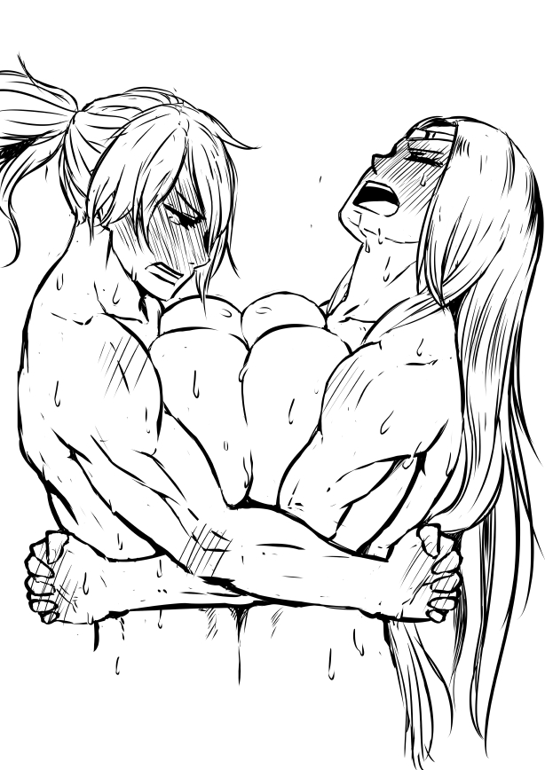 2girls bearhug breast_press catfight fighting greyscale hug huge_breasts irelia_xan league_of_legends long_hair moaning multiple_girls muscle muscular_female mutual_bearhug ponytail riven screaming sweat symmetrical_docking titfight wrestling yuri