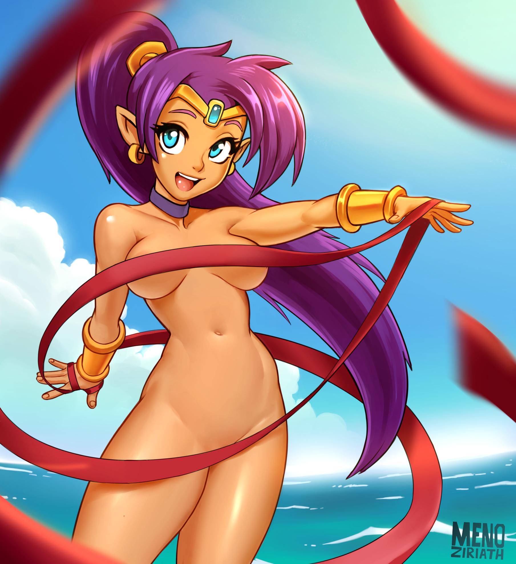 :d, areola slip, areolae, blue eyes, blue sky, breasts, censored, choker, convenient censoring, cowboy shot, creative censorship, dark skin, day, earrings, eyelashes, female, female only, forehead jewel, hair tubes, high resolution, jewelry, long hair, medium breasts, menoziriath, ocean, open mouth, outdoors, outstretched arm, pointed ears, ponytail, purple hair, ribbon, shantae, shantae (character), shiny, shiny skin, sky, smile, solo, standing, thick thighs, thighs, tiara, tied hair, vambraces, very long hair