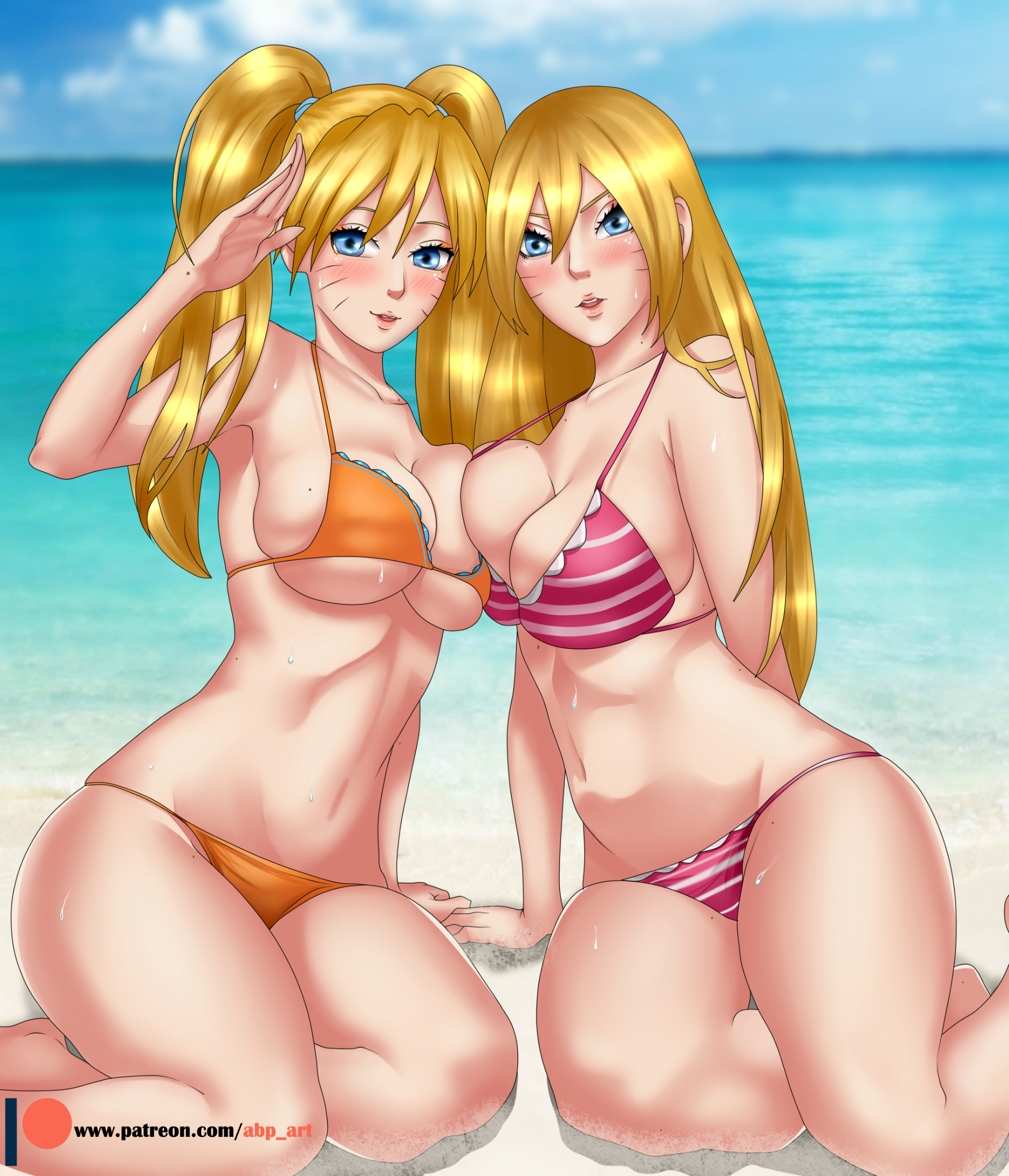 2girls, abp art, abs, beach, big breasts, bikini, bikini bottom, bikini top, blonde hair, blue hair, blush, boruko, boruto: naruto next generations, breast press, breasts, busty, canon genderswap, cleavage, father and son, female, female only, gender transformation, genderswap, genderswap (mtf), incest, large breasts, legs, looking at viewer, micro bikini, mother and daughter, naruko, naruto, naruto (series), ocean, outdoors, panties aside, pose, posing, rule 63, sexy no jutsu, sideboob, sitting, striped bikini, swimsuit, thighs, transformation, twintails, underboob, uzumaki boruto, uzumaki naruto, whisker markings, whiskers, yellow hair, yuri
