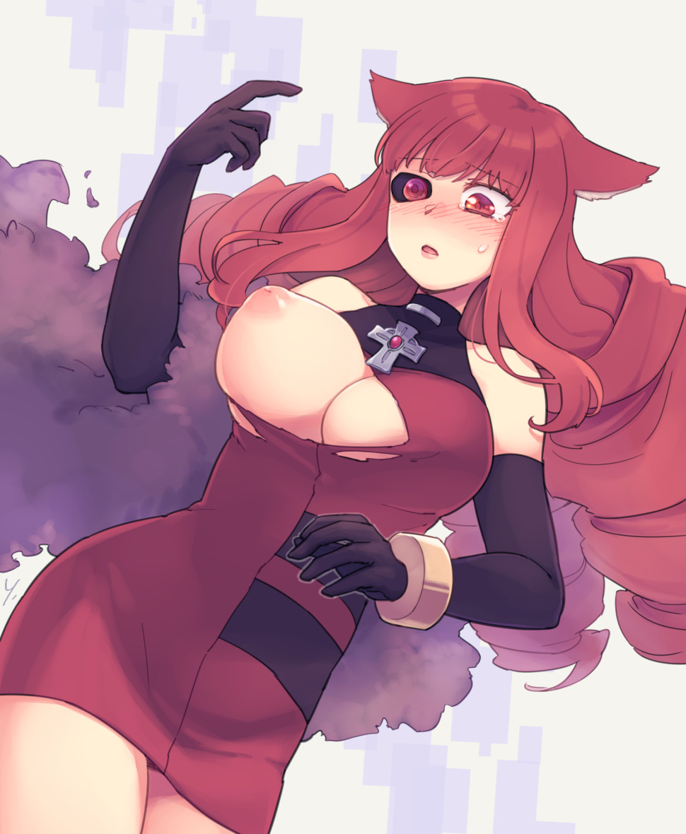 animal_ears blush breasts cat_ears cybernetic_eye dress drill_hair elbow_gloves falling female gloves large_breasts long_hair motion_blur nipples open_mouth red_eyes red_hair sei_asagiri solo stella_hoshii torn_clothes va-11_hall-a y_(35504109)