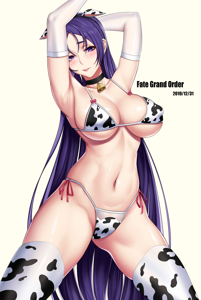 1girls, alternate costume, armwear, bell, bell collar, bikini, breasts, cow bikini, cow girl, cow print, fate (series), fate/grand order, female, impossible clothes, large breasts, legwear, lingerie, long hair, looking at viewer, minamoto no raikou (fate/grand order), navel, panties, purple hair, revealing clothes, solo, swimsuit, underwear, white armwear