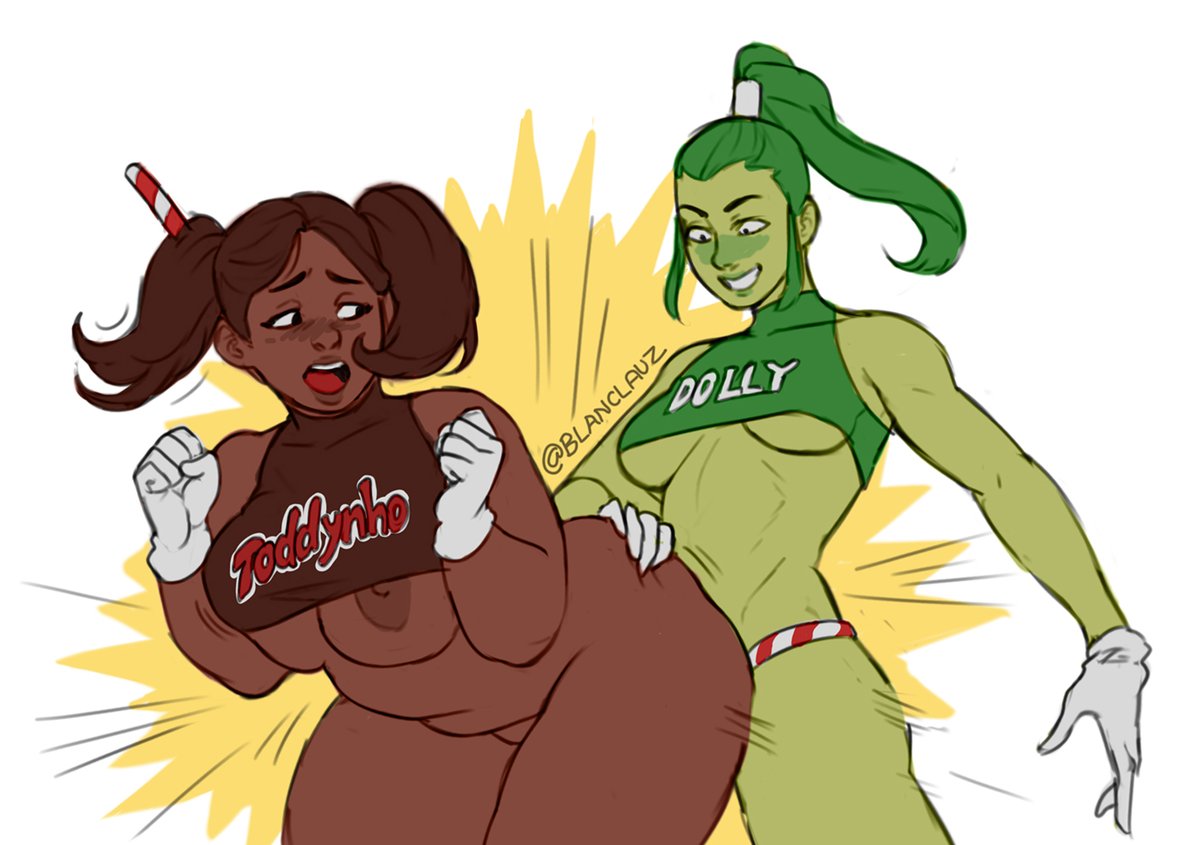 blanclauz, blush, breasts, dark skin, dark-skinned female, dollynho, female, gloves, green skin, personification, strap-on, strapon, toddynho, underboob, white background, yuri