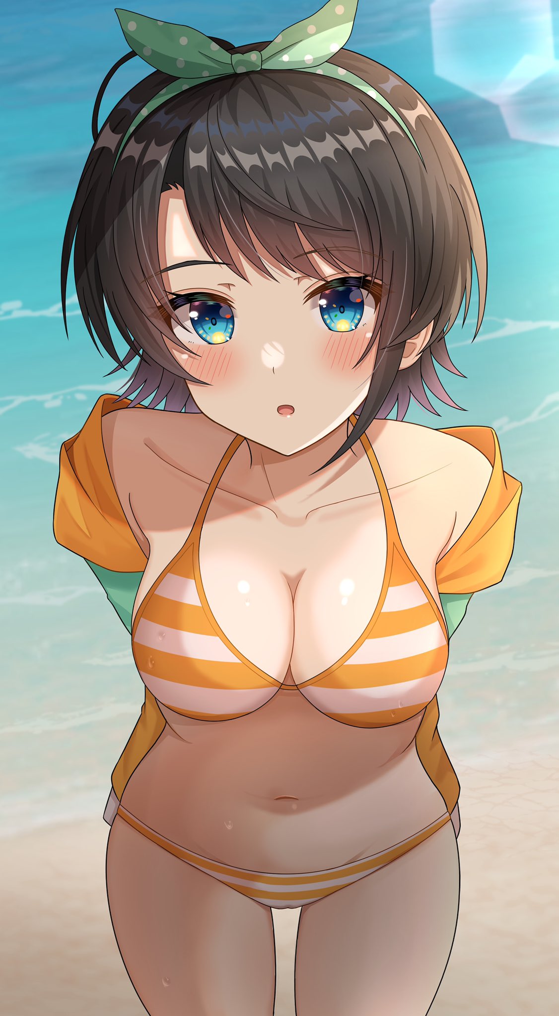 1girls beach belly_button big_breasts bikini blue_eyes blush breasts brown_hair cameltoe collarbone female hair hair_bow half-dressed hips hisui_(user_zvkr2432) hololive hololive_gen_2 hololive_japan jacket light-skinned_female light_skin looking_at_viewer navel oozora_subaru open_jacket open_mouth short_hair solo solo_female striped_bikini swimsuit thigh_gap thighs virtual_youtuber