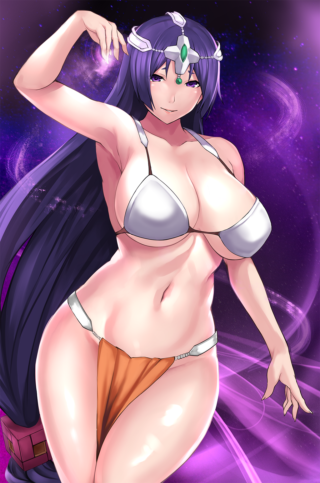 1girls alternate_costume bikini_armor breasts clothing cosplay dancer_outfit dragon_quest dragon_quest_iv fate/grand_order fate_(series) gem harem_outfit impossible_clothes jewelry large_breasts long_hair maya_mahabala_(cosplay) metal_bikini minamoto_no_raikou_(fate/grand_order) navel purple_hair revealing_clothes solo tiara yashichii