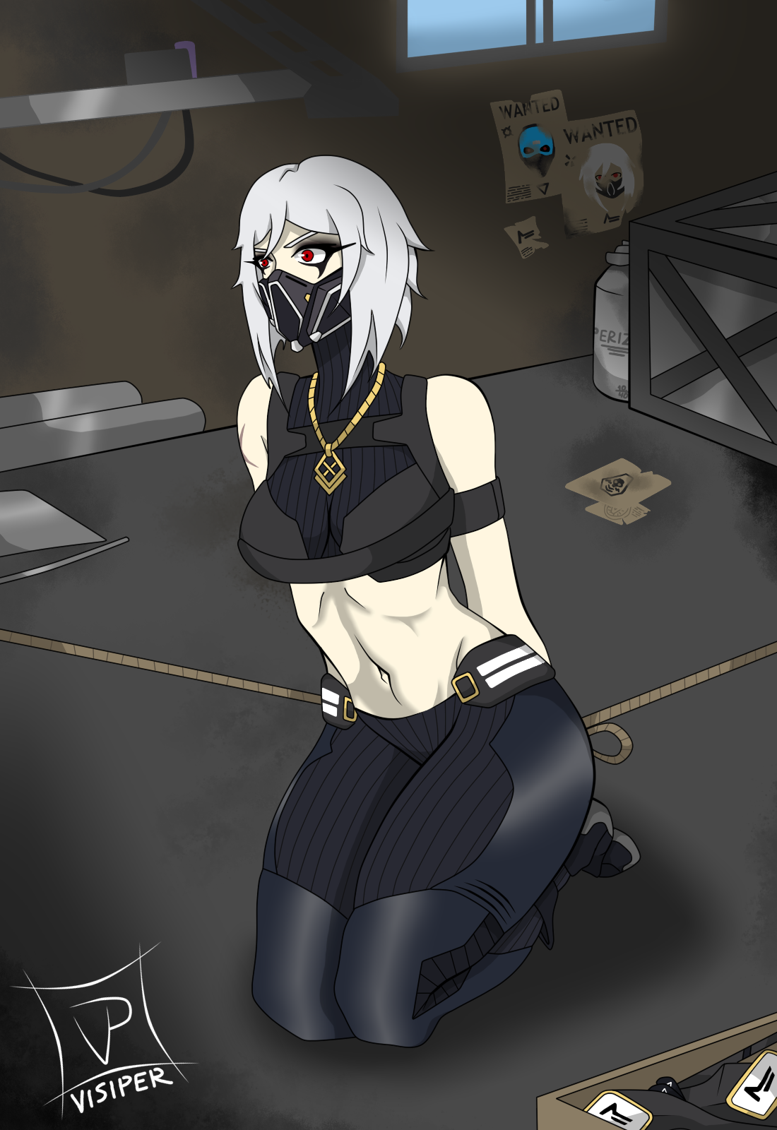 1girls, bondage, bound, breasts, female, fortnite, gas mask, hush (fortnite), makeup, midriff, necklace, red eyes, rope, shoulders, tagme, thighs, visiper (artist), white hair