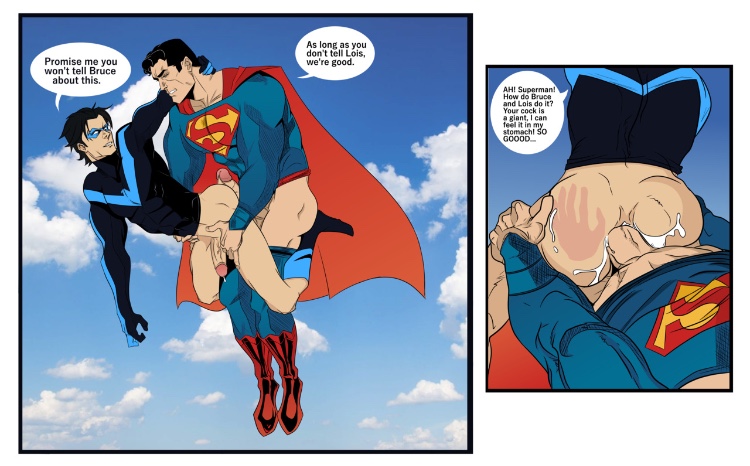 2boys 3d 3d_(artwork) age_difference anal anal_penetration anal_sex anus batman_(series) big_penis black_hair blue_sky bottomless cape cheating_boyfriend clark_kent clouds cum cum_in_ass cum_inside cumming dc dc_comics dick_grayson erect_while_spanked erect_while_spanking eyes_closed flying fucked_from_behind gay gay_sex hand_behind_neck hand_on_ass justice_league male male_only mask masked muscles muscular_male nightwing older_penetrating_younger orgasm_from_anal pants_around_one_leg pants_down penis precum_drip retracted_foreskin sex short_hair spank_marks spanked speech_bubble superhero superhero_costume superman superman_(series) teen_titans text thick_thighs thighs uncensored veiny_penis yaoi