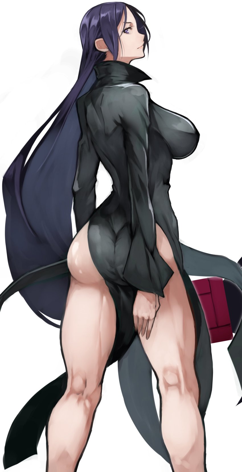 1girls, alternate costume, ass, black hair, breasts, cosplay, dress, fate (series), fate/grand order, female, impossible clothes, large breasts, long hair, looking back, minamoto no raikou (fate/grand order), nipple bulge, one-punch man, revealing clothes, solo, tatsumaki (cosplay), toned, toned female