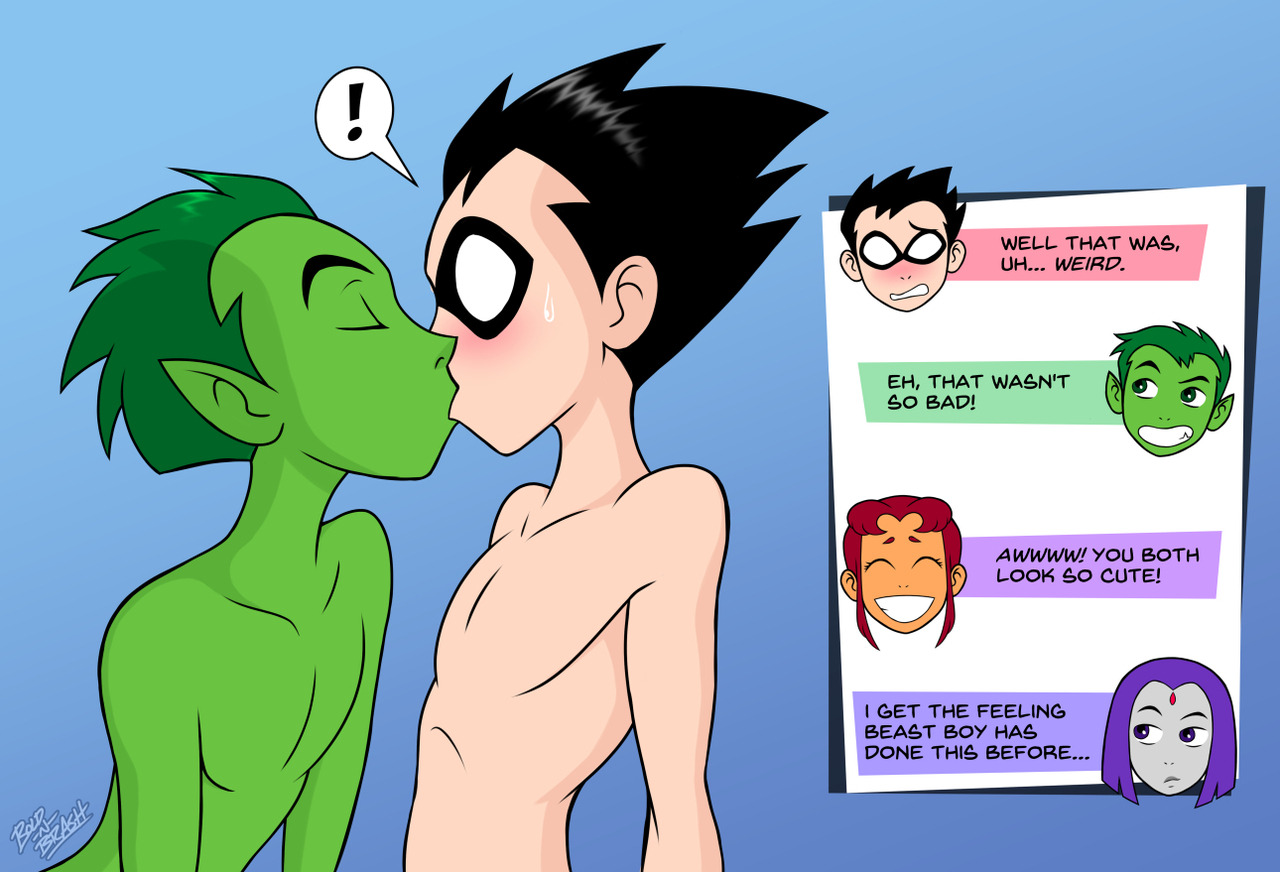 2boys, beast boy, beast boy (teen titans), bisexual, bisexual male, bold-n-brash, dc, dc comics, dick grayson, female, gay, green skin, green-skinned male, kissing, light skin, light-skinned male, male, male only, male/male, multiple boys, multiple males, nude, rachel roth, raven (dc), robin (dc), robin (dick grayson), robin (teen titans), starfire, teen titans, yaoi