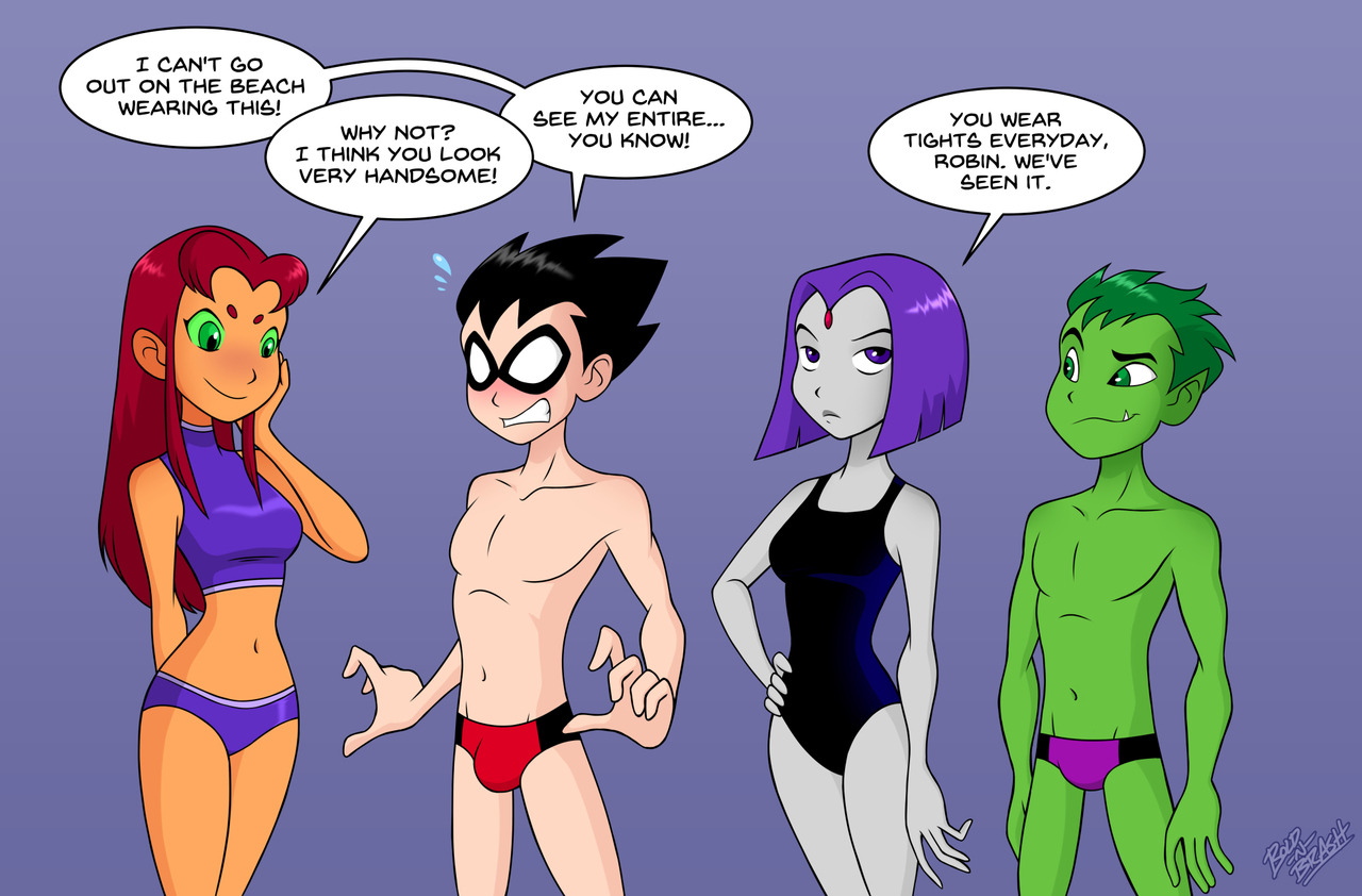 2boys, 2girls, alien, alien girl, beast boy, bikini, bold-n-brash, bulge, dc, dc comics, dick grayson, english text, female, green skin, green-skinned male, grey skin, grey-skinned female, human, humanoid, light skin, light-skinned male, long hair, male, multiple boys, multiple females, multiple girls, multiple males, navel, one piece swimsuit, orange skin, orange-skinned female, rachel roth, raven (dc), robin (dc), robin (dick grayson), short hair, speedo, sports bikini, starfire, swimsuit, tamaranean, teen titans, teenager, text, topless male