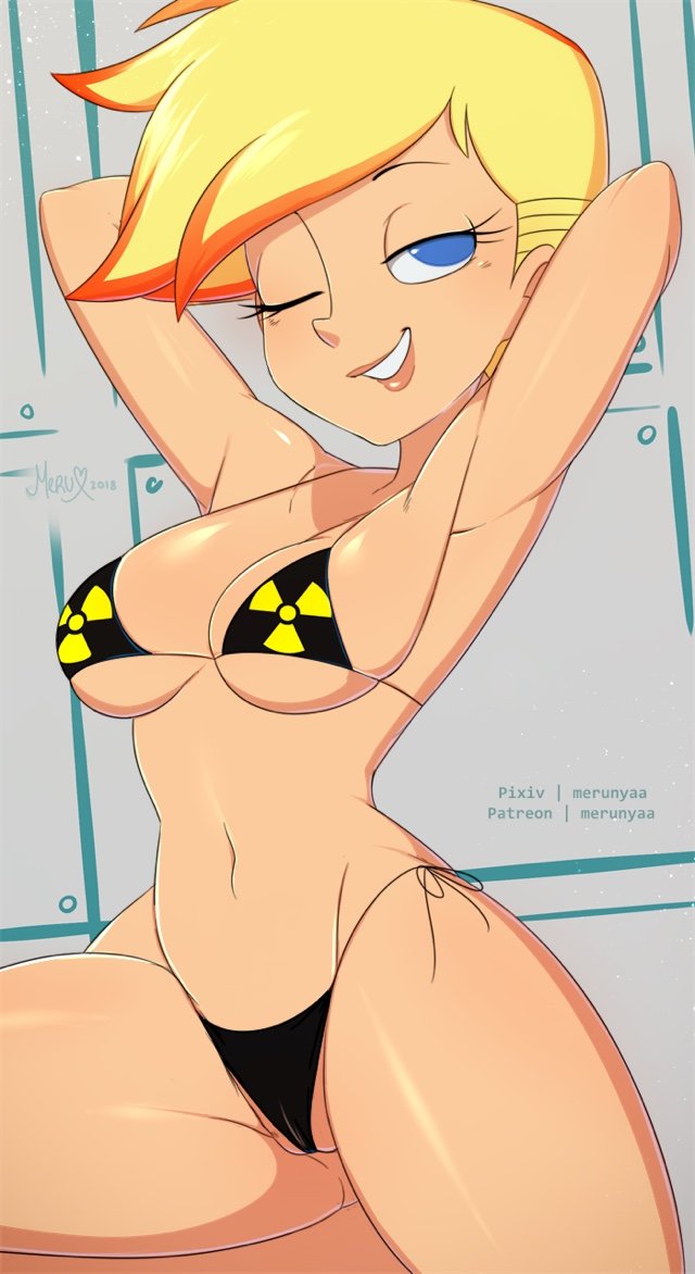 1girls alternate_version_available bikini blonde_hair blue_eyes cameltoe canon_genderswap cartoon_network cleavage curvy erect_nipples female huge_areolae huge_ass huge_breasts jenny_test johnny_test johnny_test_(series) merunyaa orange_hair puffy_nipples radiation_symbol radiation_symbol_bikini red_hair rule_63 short_hair thick_lips two_tone_hair voluptuous wide_hips wink