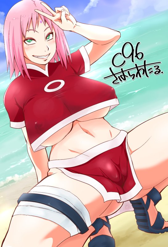 big breasts, boruto: naruto next generations, breasts, cameltoe, erect nipples under clothes, female, huge breasts, inviting, large breasts, legs apart, lust, naruto, naruto (classic), naruto (series), naughty face, no bra, no panties, partially clothed, peace sign, presenting, pussy, sakura haruno, seductive, seductive look, seductive smile, smile, spread legs, squatting, sunahara wataru, thick thighs, v sign