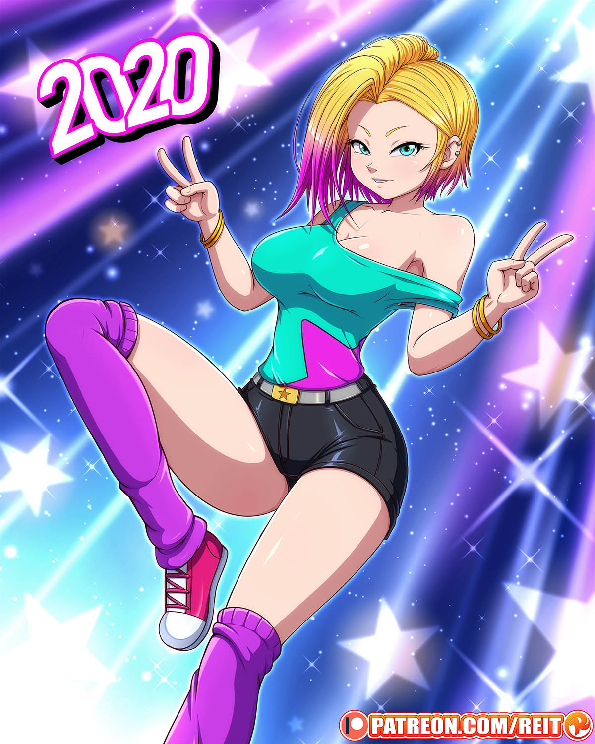 background, big breasts, blonde hair, breasts, clothed, female, looking at viewer, new year, original, original character, patreon, reit, short hair
