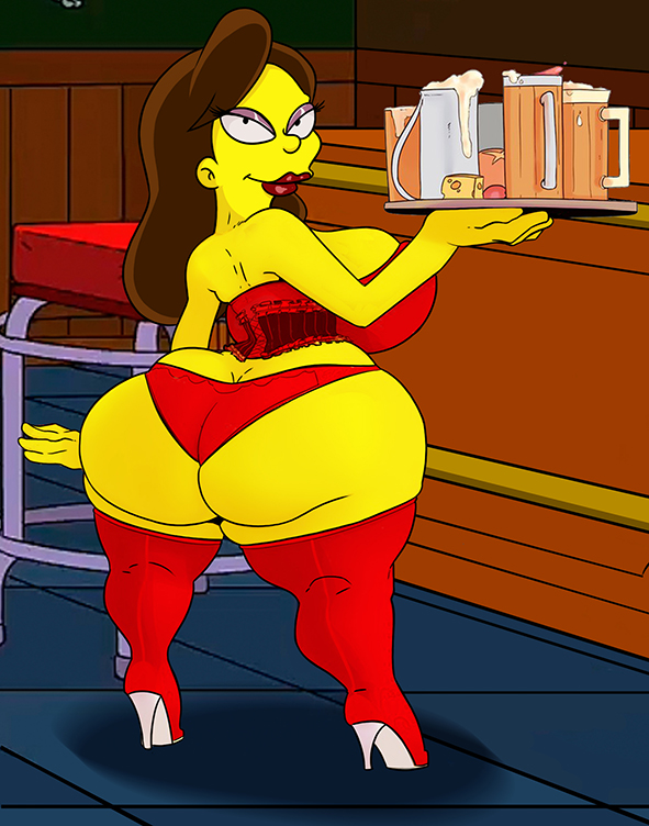 20th century studios, accurate art style, ass, ass crack, beer, big ass, big breasts, big penis, breasts, butt crack, corset, drink, dwarf female, female, high heels, huge ass, humanoid penis, male, maya (simpsons), midget, penis, short dress, skirt, tease, teasing, the simpsons, thick, thick lips, thick thighs, yellow body, yellow skin