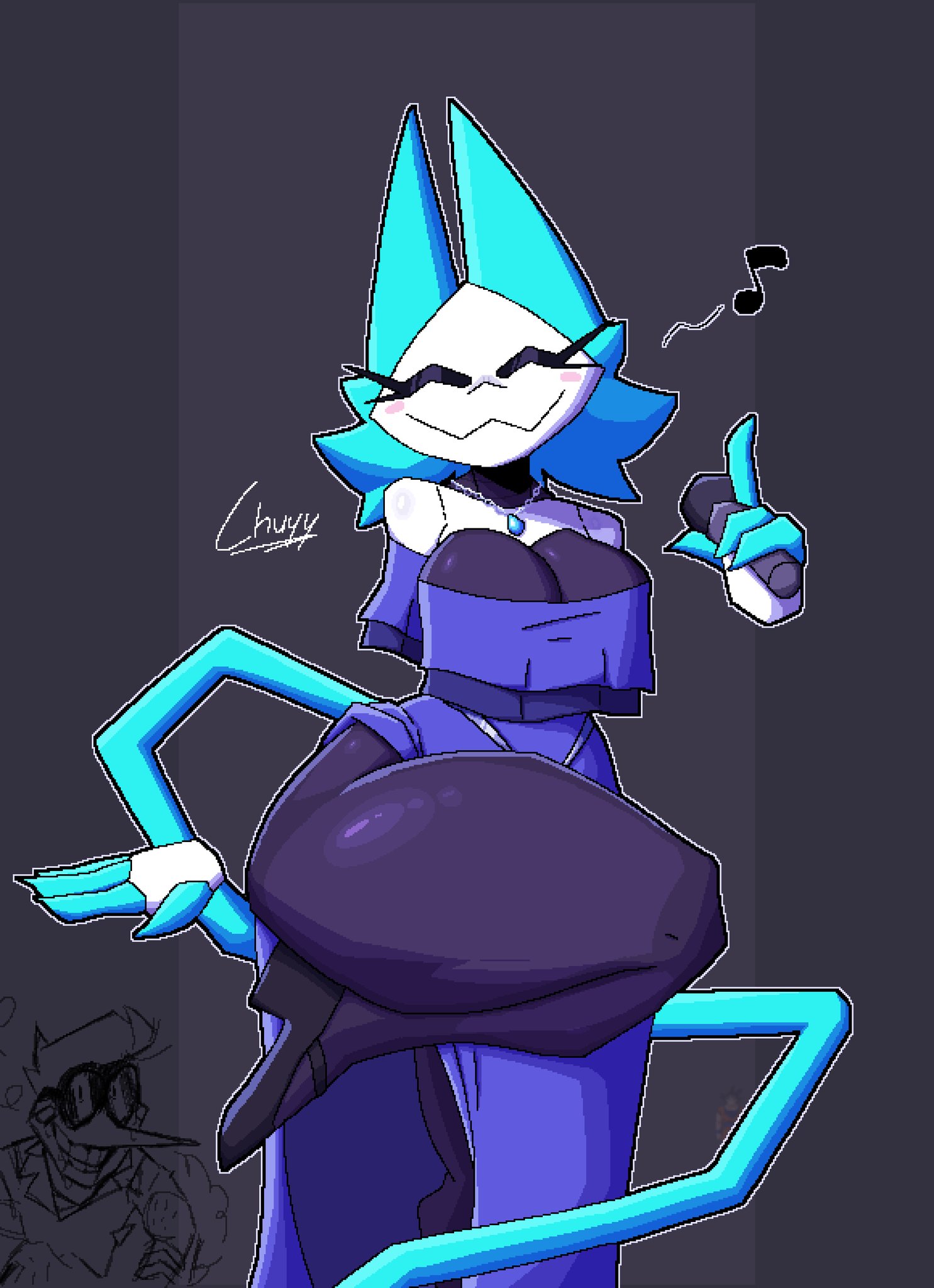 1boy, 1girls, 2d, anthro, ass, big breasts, breasts, chuyy, cleavage, clothed, clothing, deltarune, deltarune chapter 2, dress, dress pull, female, male, say no to ai, solo, spamton g spamton, tail, tasque manager (deltarune), tasque manager (gala dress) (deltarune), toby fox, undertale (series), wide hips
