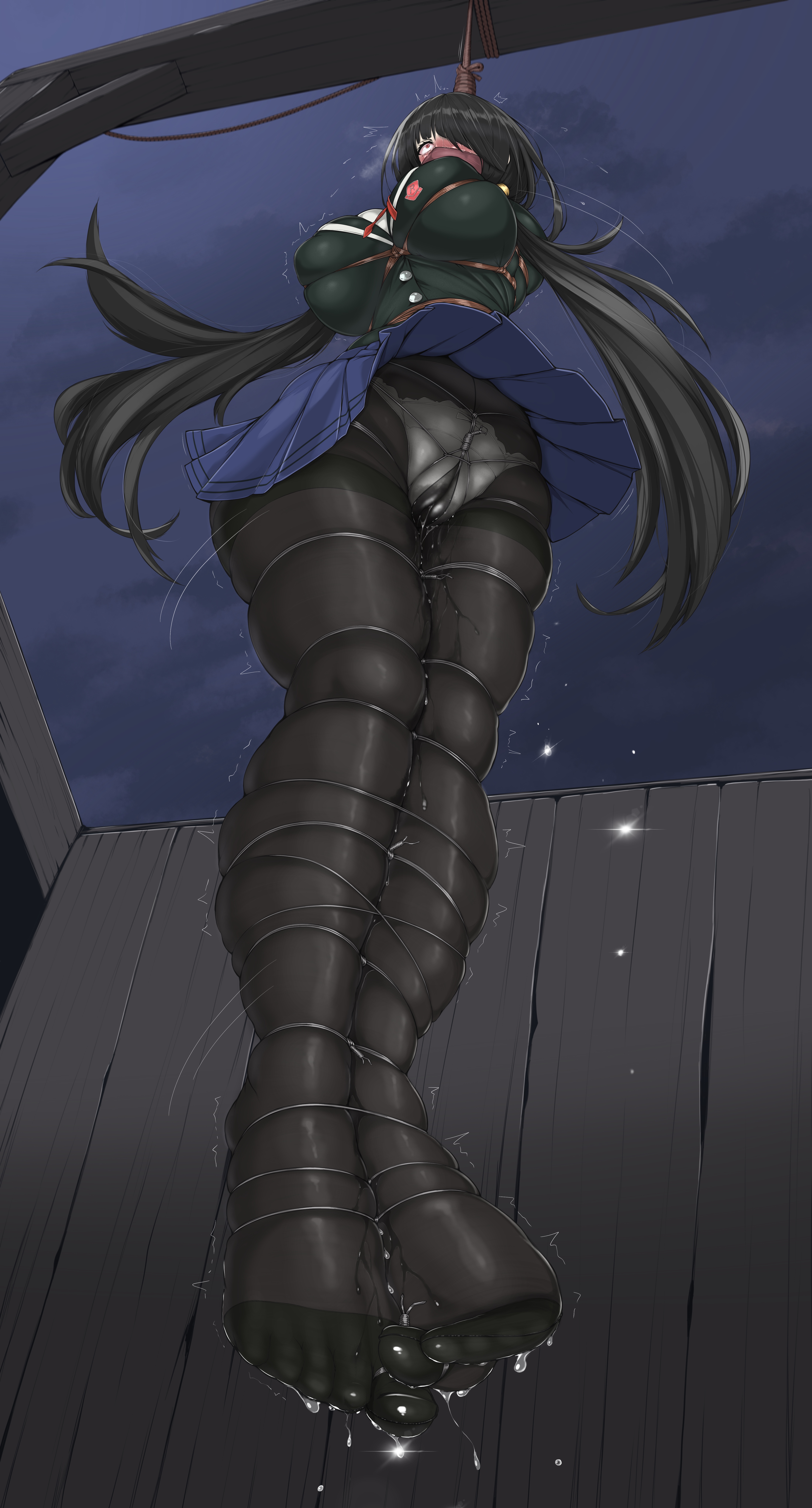 ameng, black hair, black legwear, black pantyhose, cameltoe, crotch rope, date a live, feet, feet visible through clothing, female, fully clothed, gag, hanged, hanging, imminent death, mouth gag, noose, pussy, rope bondage, school uniform, skirt, snuff, stockings, toes, tokisaki kurumi, white panties, worm's-eye view