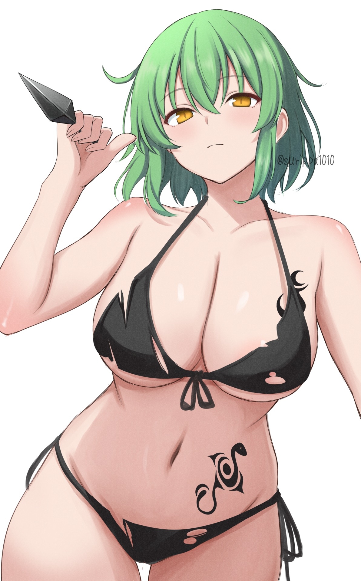 areola slip, artist name, bikini, black bikini, breast tattoo, breasts, cleavage, closed mouth, collarbone, covered erect nipples, female, front-tie bikini top, front-tie top, green hair, hair between eyes, hand up, highres, hikage (senran kagura), hip tattoo, holding, holding kunai, holding weapon, kunai, large breasts, leaning forward, light blush, light frown, looking at viewer, medium hair, navel, orange eyes, senran kagura, side-tie bikini bottom, simple background, slit pupils, snake tattoo, stomach tattoo, strap gap, surippa1010, swimsuit, tattoo, thigh gap, torn bikini, torn clothes, twitter username, underboob, weapon, white background, yellow eyes