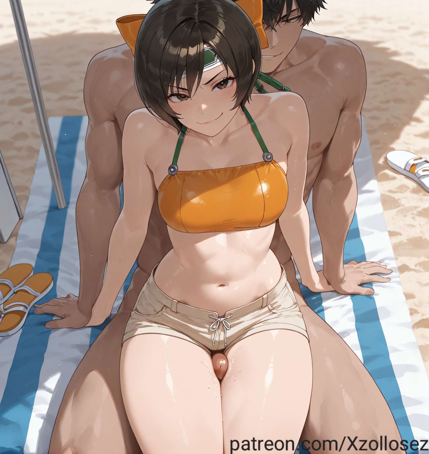 ai generated, beach, brown hair, female, final fantasy, final fantasy vii, grin, male, nude, nude male, orange bikini, patreon, patreon username, penis, shorts, thigh sex, xzollosez, yuffie kisaragi, yuffie kisaragi (summer orange)