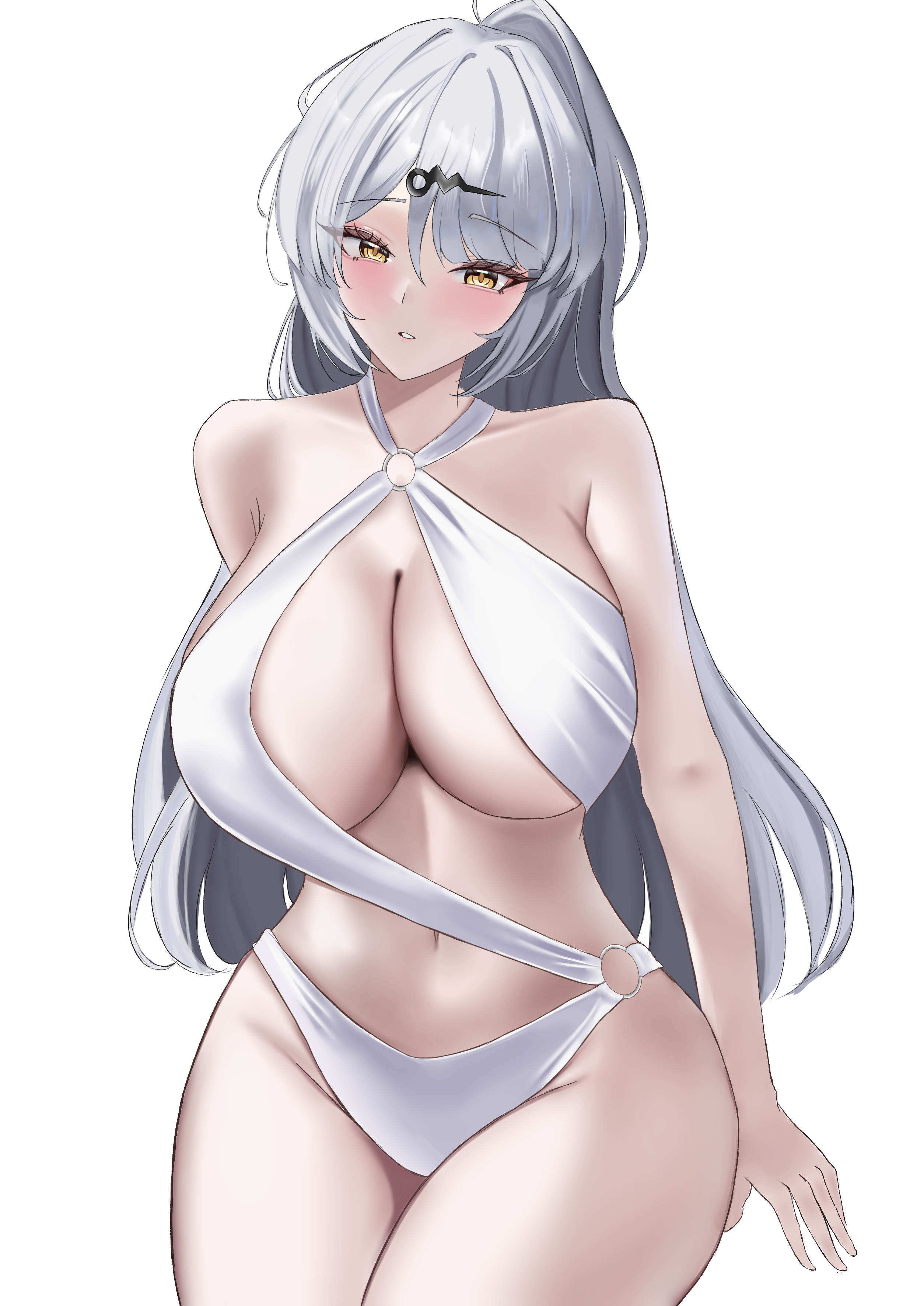 1girls, absurdres, coffeepls777, female, female only, highres, long hair, navel, o-ring, o-ring swimsuit, simple background, single hair intake, solo, swimsuit, white background, white hair, yellow eyes, yixuan (zenless zone zero), yunkui summit, zenless zone zero