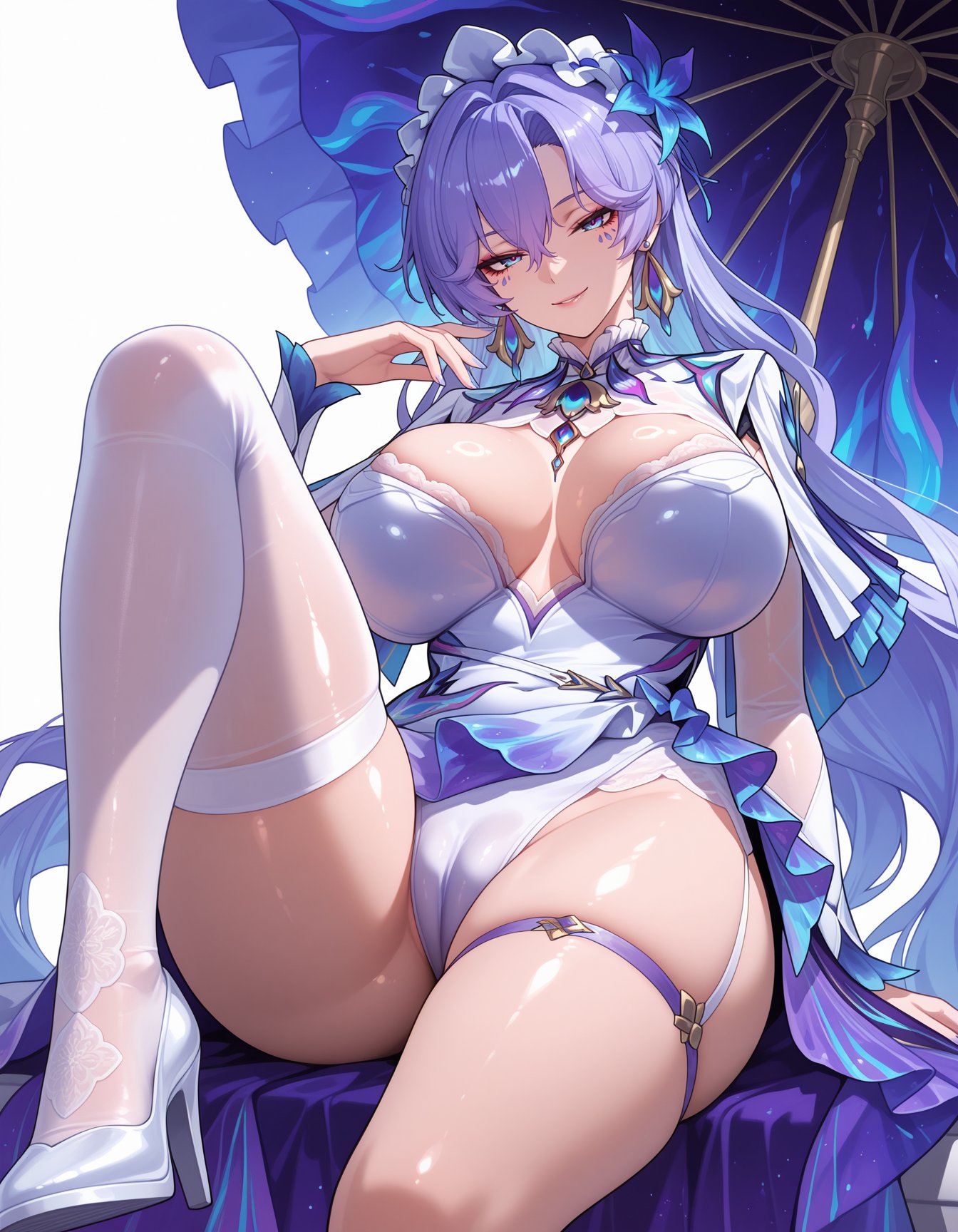 ai generated, bangs, blue eyes, blush, breasts, cameltoe, cantarella (wuthering waves), cleavage, closed mouth, dress, earrings, female, flower, frills, garter straps, hair between eyes, hair flower, hair ornament, high heels, hoop earrings, jewelry, knee up, kuroyaex, large breasts, leotard, long hair, long sleeves, looking at viewer, maid headdress, mole, mole under eye, purple hair, shiny, shiny skin, simple background, single thighhigh, sitting, skindentation, smile, solo, thigh strap, thighhighs, thighs, umbrella, very long hair, white background, white footwear, white leotard, white thighhighs, wuthering waves