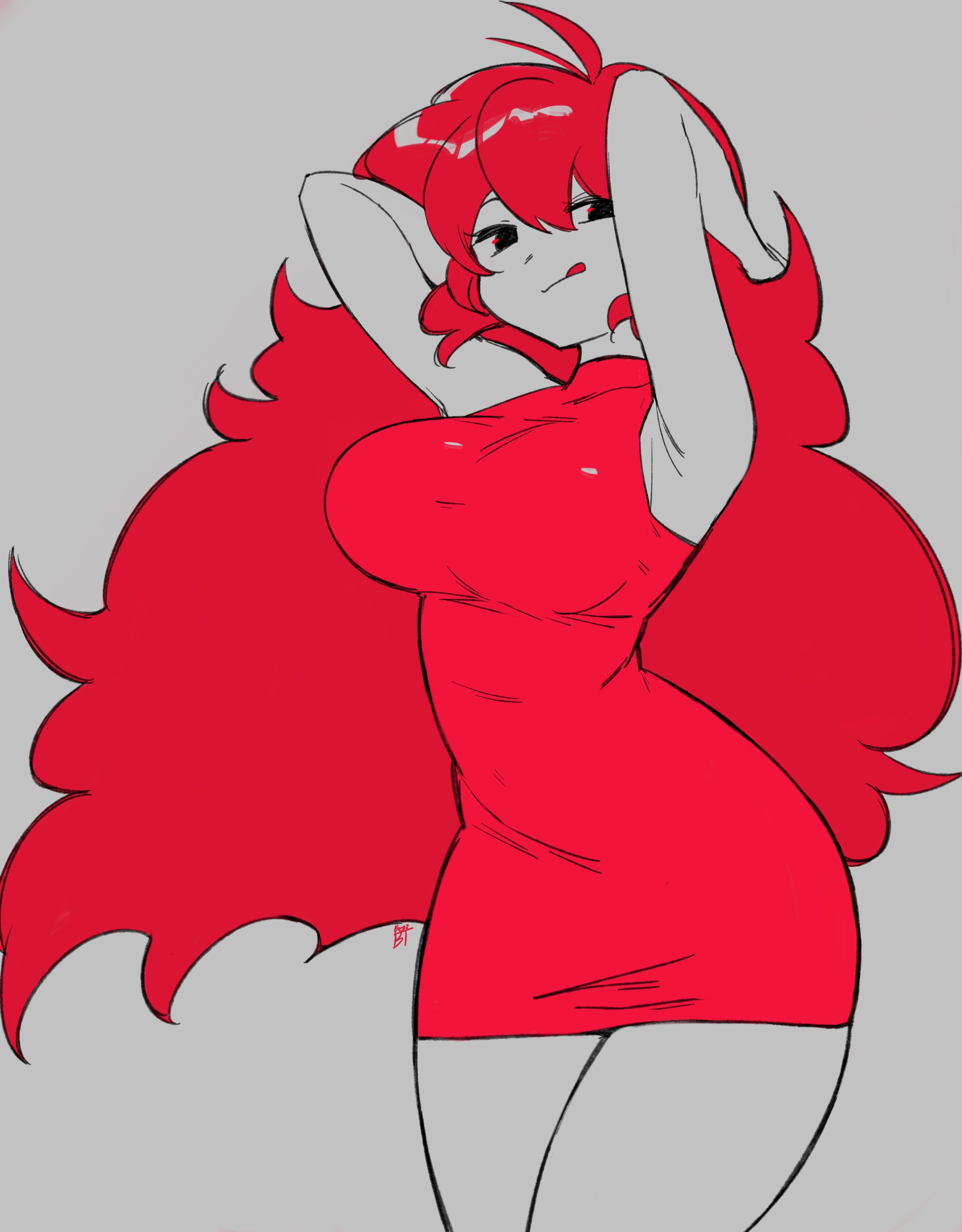 1girls, absurdres, ahoge, armpits, benzbt, breasts, dress, female, female only, flat color, friday night funkin, girlfriend (friday night funkin), grey background, highres, large breasts, long hair, off shoulder, red dress, red hair, signature, skin tight, solo, thighs, tight clothes, tight dress, tongue, tongue out, very long hair