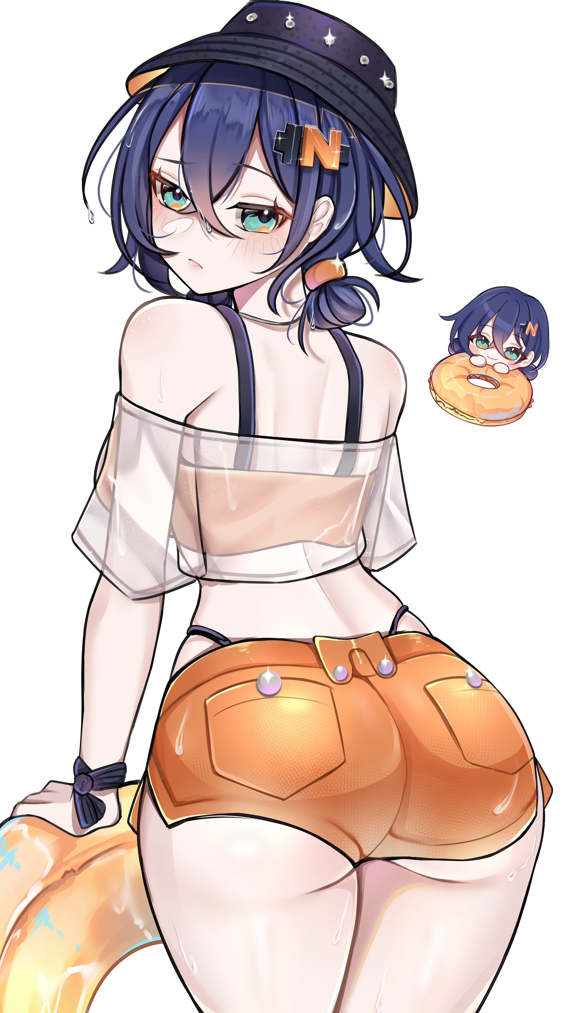 1girls, absurdres, alternate costume, ass, belle (summer skies) (zenless zone zero), belle (zenless zone zero), bikini, bikini under shorts, blue eyes, bucket hat, commentary, crop top, female, female only, from behind, green eyes, hair ornament, hat, highres, holding, holding swim ring, letter hair ornament, official alternate costume, official art inset, orange bikini, orange shorts, rosheil, rosheil , short hair, shorts, simple background, solo, swim ring, swimsuit, swimwear, thighs, white background, zenless zone zero
