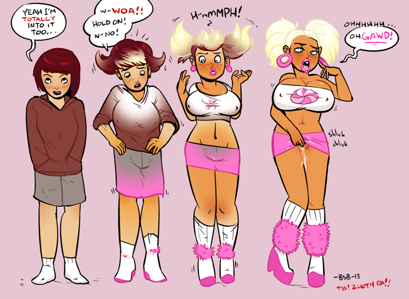 1girls, 2010s, 2013, bimbo, bimbofication, blackshirtboy, blonde hair, blue eyes, blush, brown hair, cleavage, clitoris, dripping cum, dripping pussy, drooling, earrings, erect nipples, female, female focus, female only, hi res, high heel boots, high heels, high resolution, highres, human, human only, lipstick, masturbation, midriff, nipples, open mouth, original, pink lipstick, platform heels, pussy, pussy juice, signature, simple background, socks, speech bubble, text, tongue, tongue out, transformation, white socks
