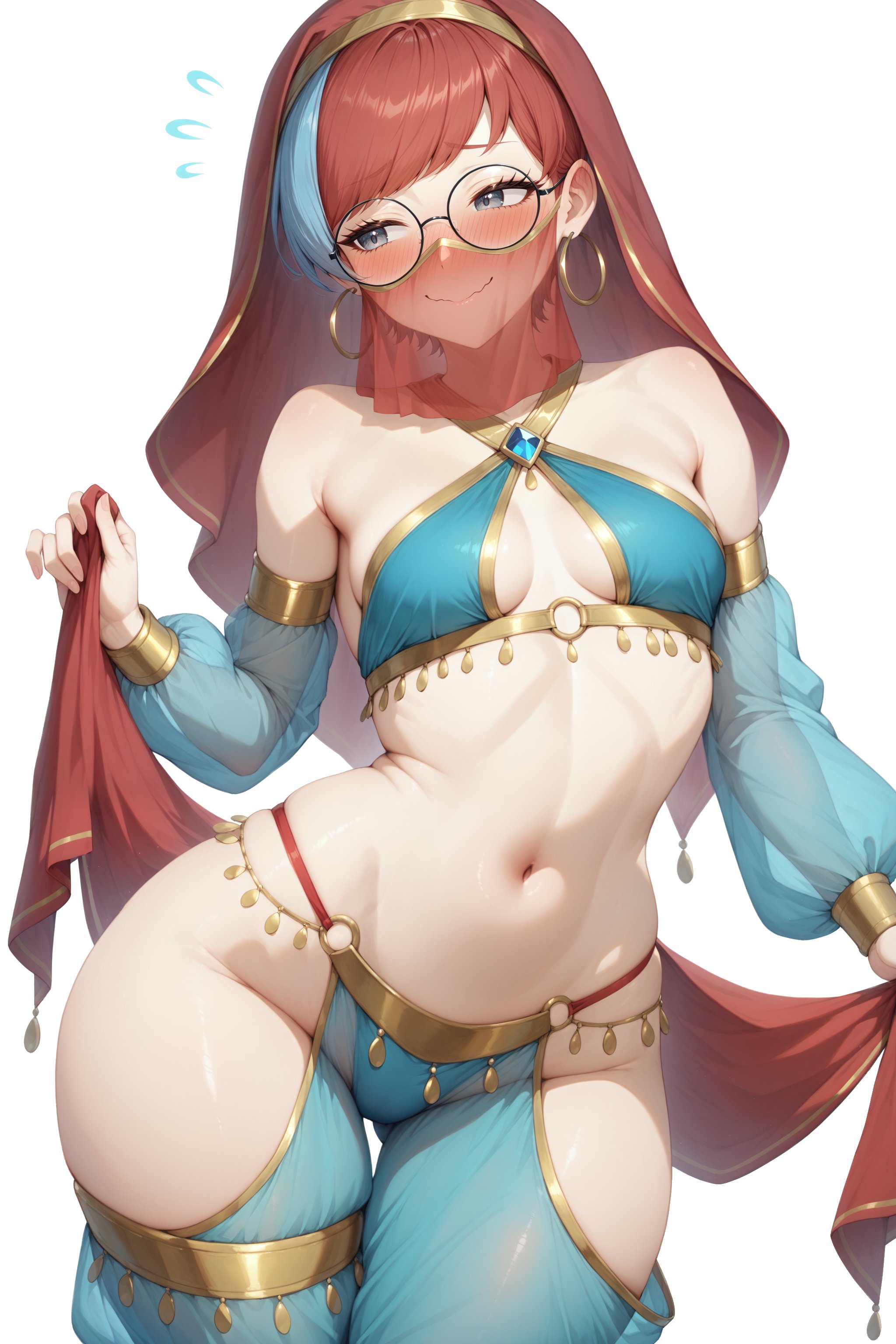 1girls, ai generated, aimoonshine, alternate costume, arabian clothes, ass visible through thighs, averting eyes, bare shoulders, blue eyes, blue gem, blue hair, blue pants, blush, breasts, closed mouth, cloth, cowboy shot, dancer, detached sleeves, earrings, embarrassed, fabric, female, female only, flying sweatdrops, game freak, gem, glasses, gold (metal), gold jewelry, gold trim, grey eyes, halterneck, harem outfit, harem pants, headband, headwear, hip vent, holding, holding cloth, hoop earrings, jewelry, long sleeves, looking to the side, mouth veil, multicolored hair, navel, nintendo, o-ring, pants, penny (pokemon), pokemon, pokemon sv, pokemon trainer, puffy sleeves, red hair, round eyewear, round glasses, see-through, short hair, sideways glance, simple background, small breasts, smile, solo, solo female, stomach, thigh gap, thighlet, thighs, translucent, translucent clothing, two-tone hair, veil, white background, wide hips