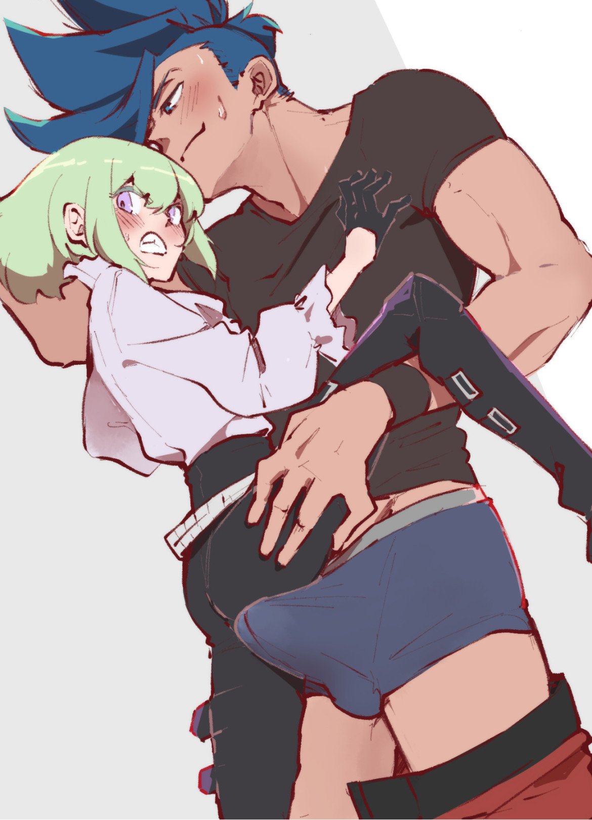 androgynous, aus vaka, blush, boner, bulge, bulge through clothing, clothed, clothing, embarrassed, femboy, galo thymos, lio fotia, male, promare, size difference, twink